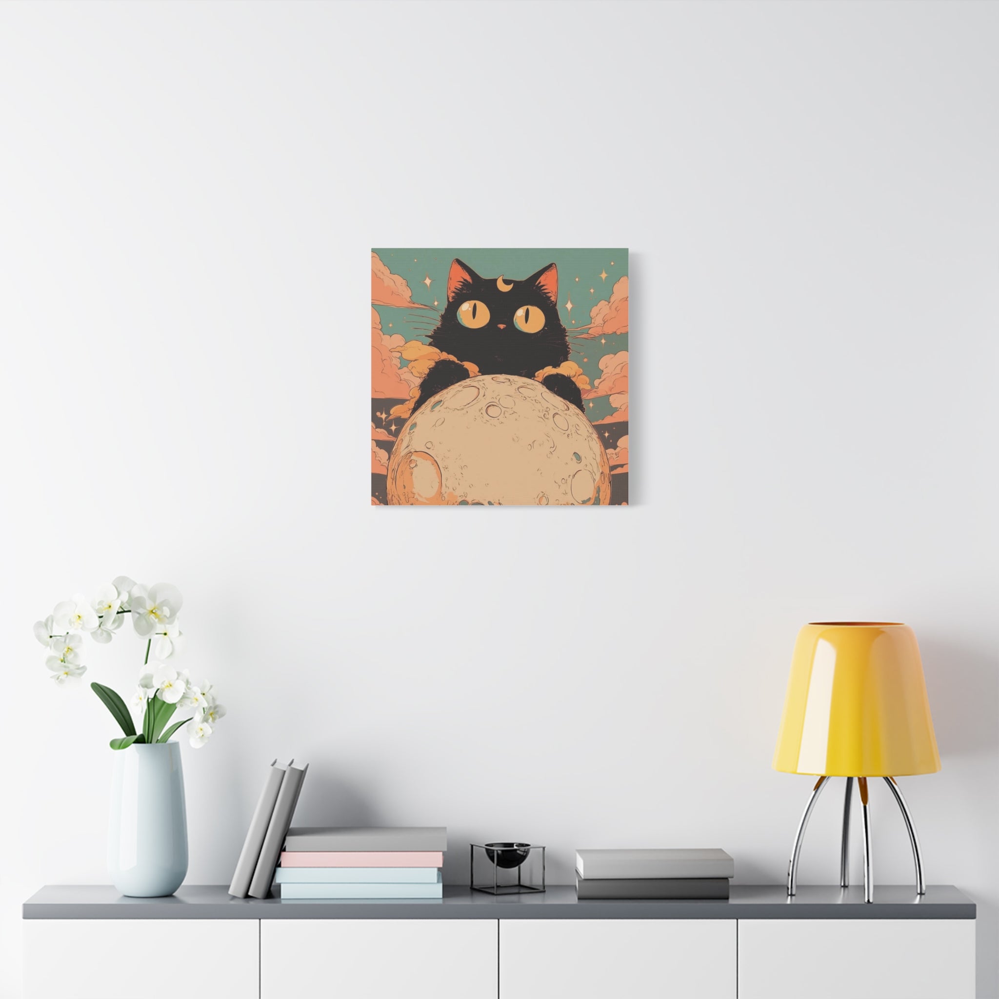 Mystic Moon Cat Canvas Art — Black Cat Holding the Moon