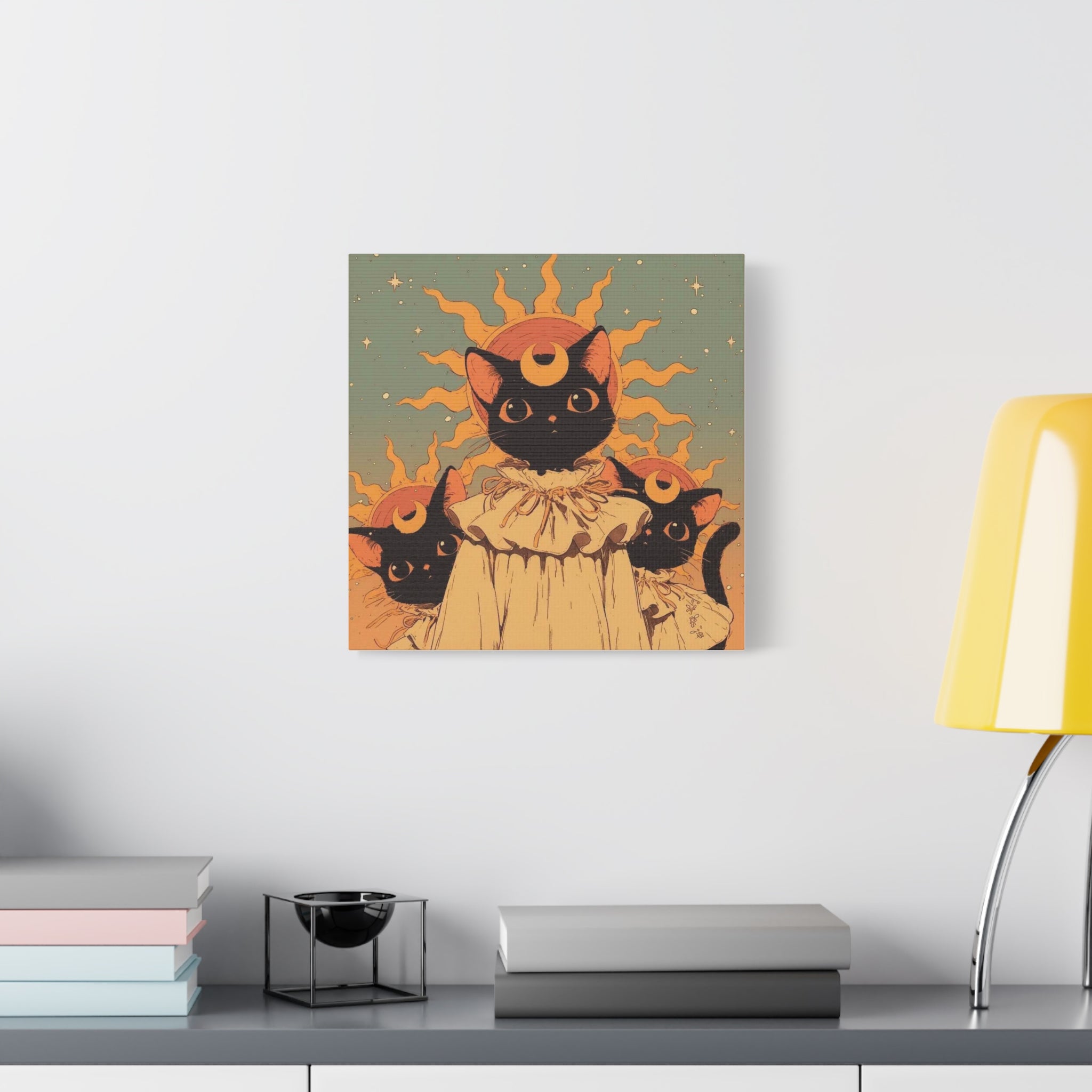 Celestial sun Cat Trio, Wall Art — Crescent Moon Trio Matte Canvas