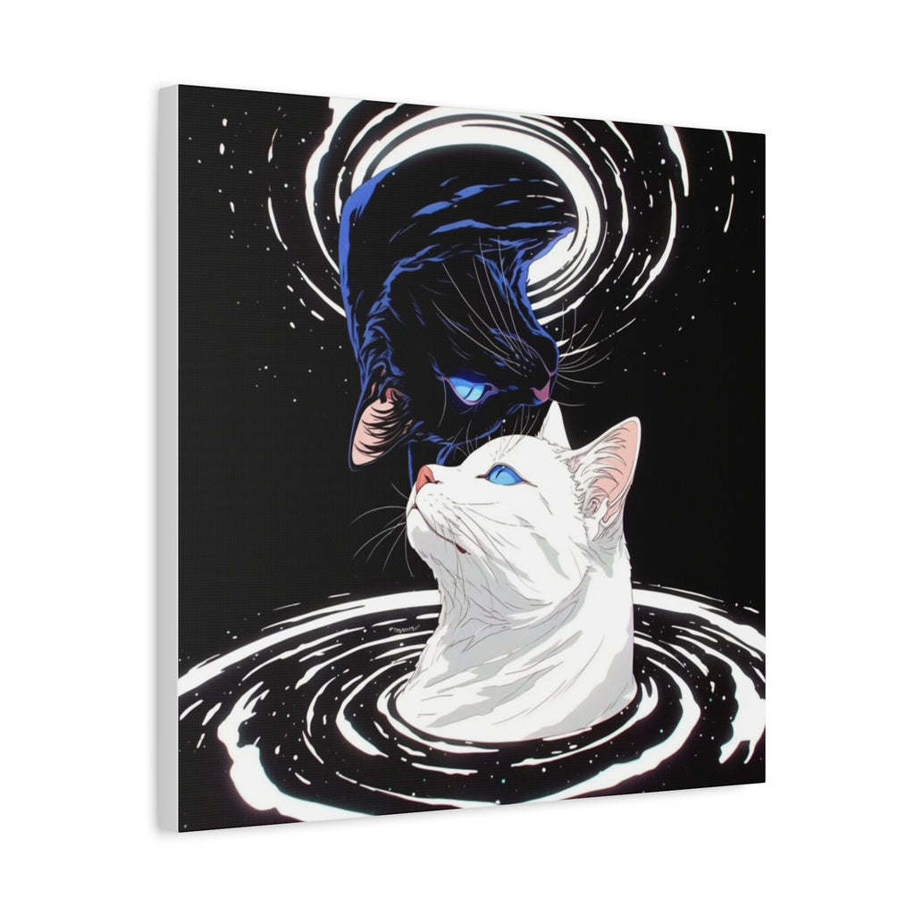 Yin Yang Cosmic Cats Matte Canvas Print — Black & White Cat Wall Art