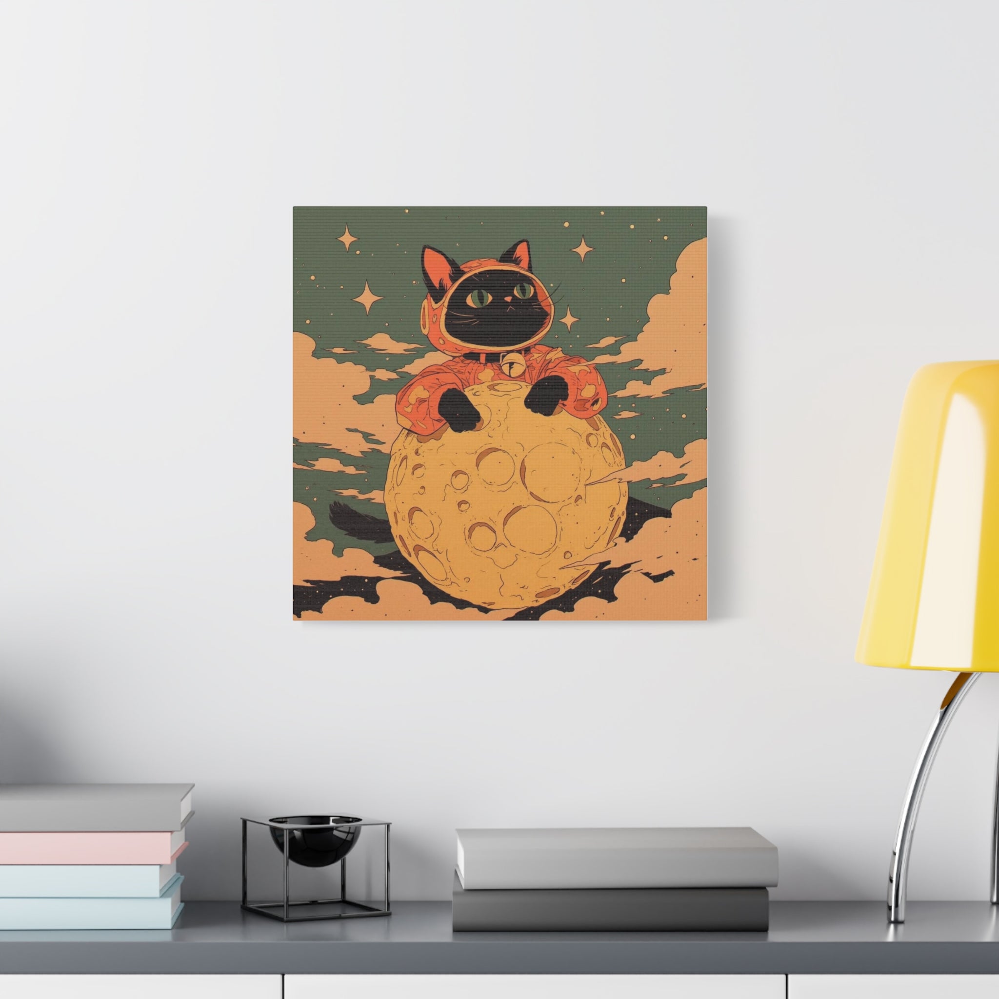 Moon Peeker Cat, Matte Canvas Wall Art — Cute Astronaut Kitty Nursery Decor