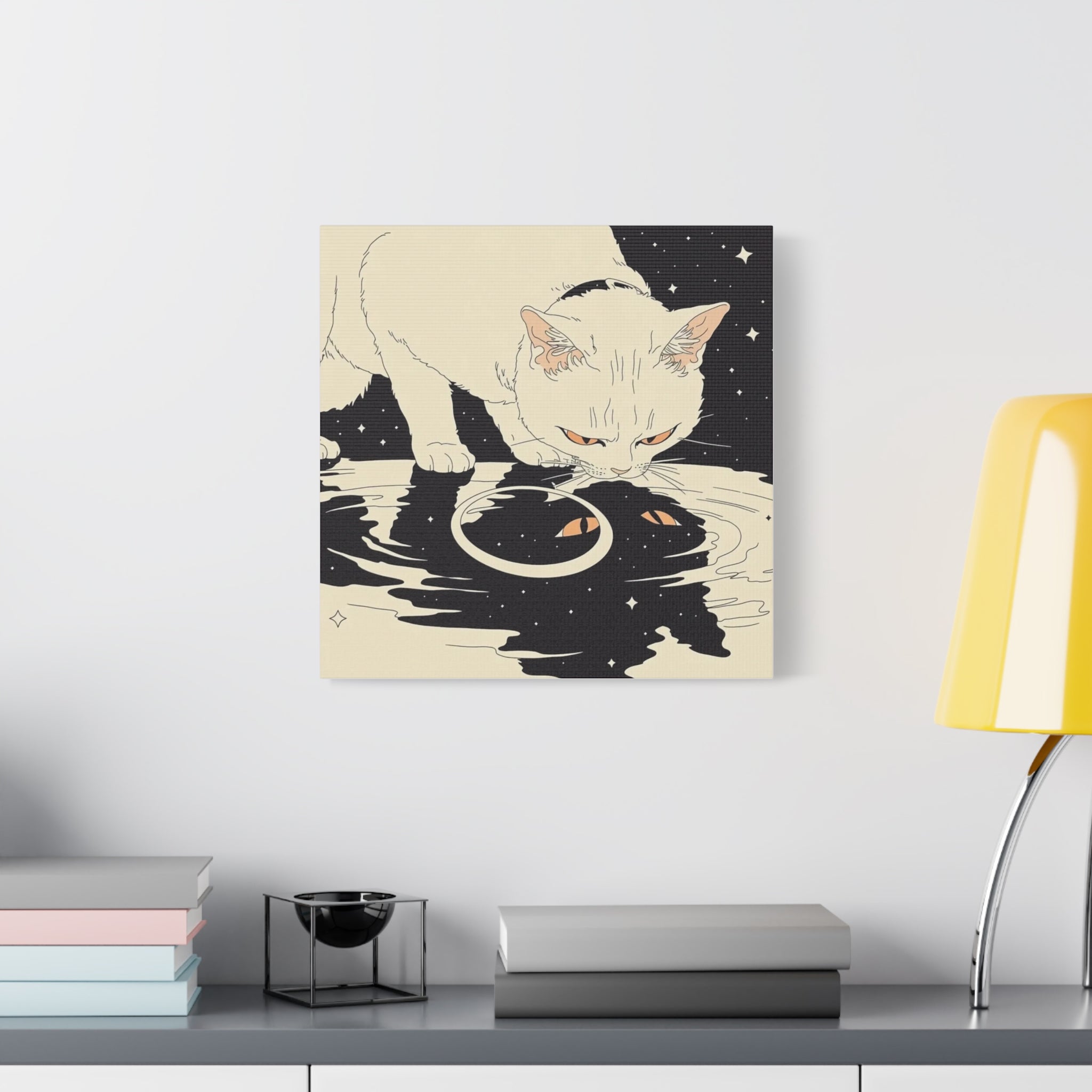 Cosmic Cat Matte Canvas Print — White Cat Gazing into Starry Reflection
