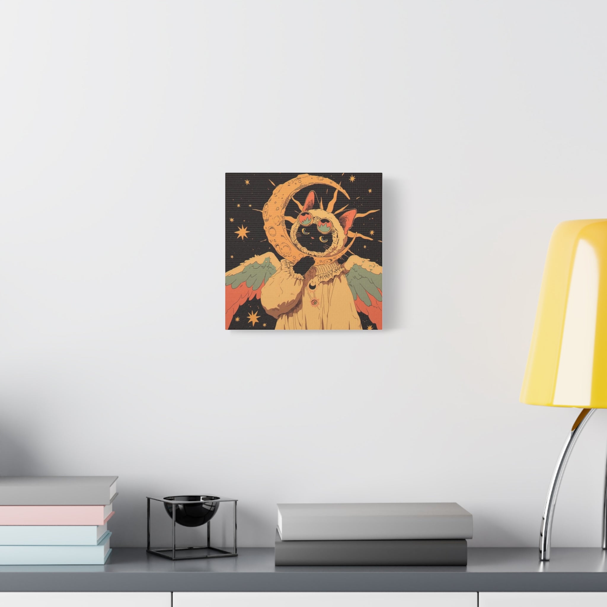 Astral Cat Canvas Wall Art — Mystic Moon & Wings Matte Stretched Print