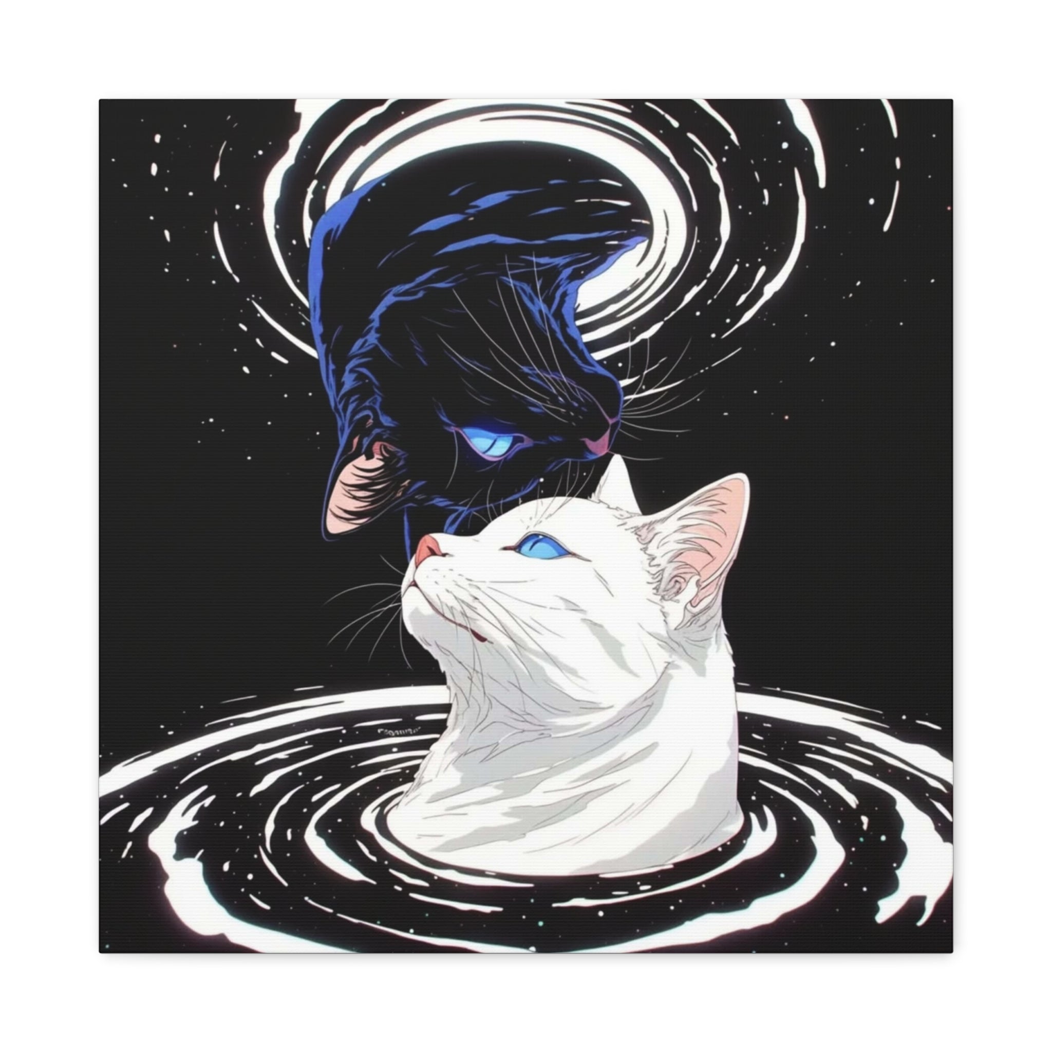 Yin Yang Cosmic Cats Matte Canvas Print — Black & White Cat Wall Art