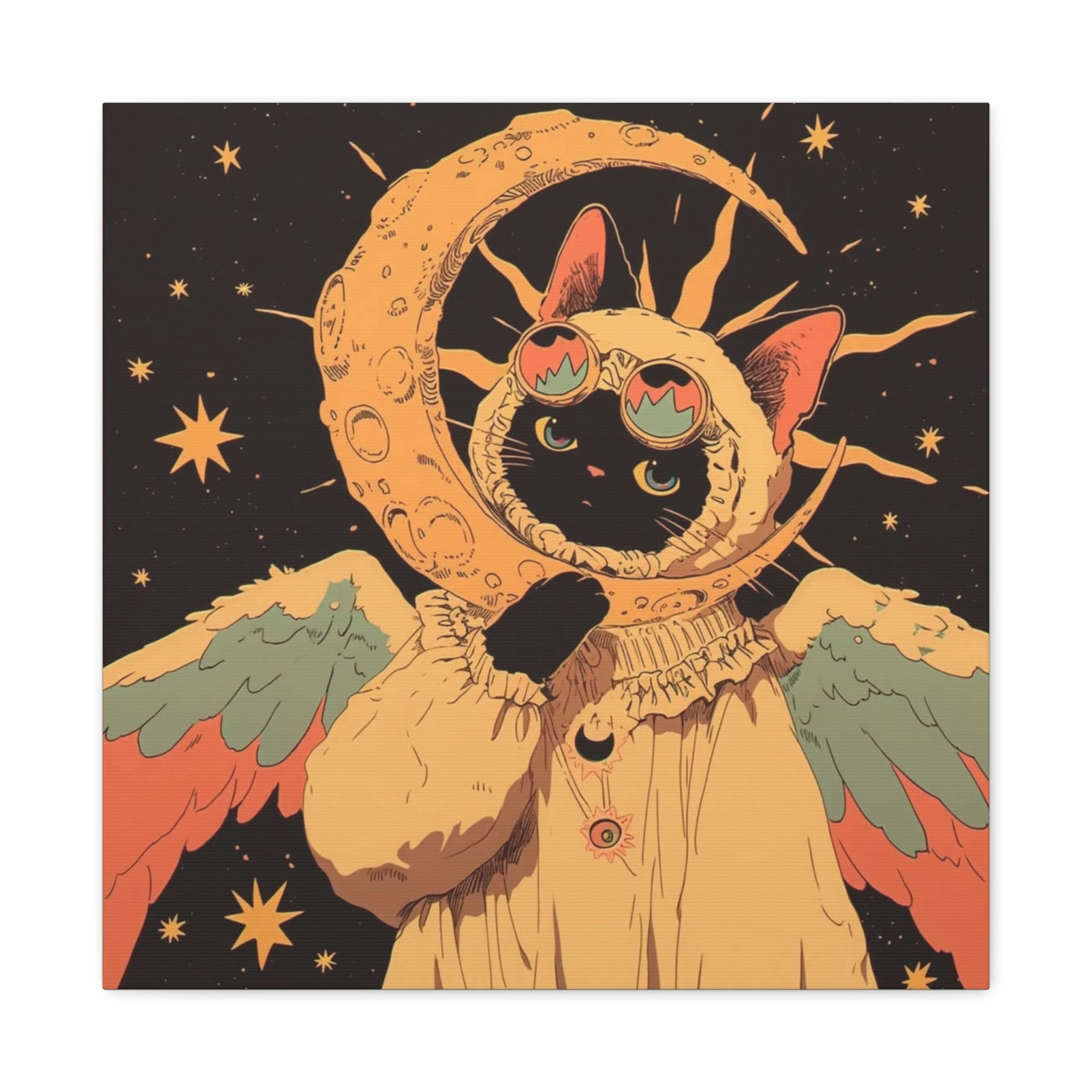 Astral Cat Canvas Wall Art — Mystic Moon & Wings Matte Stretched Print