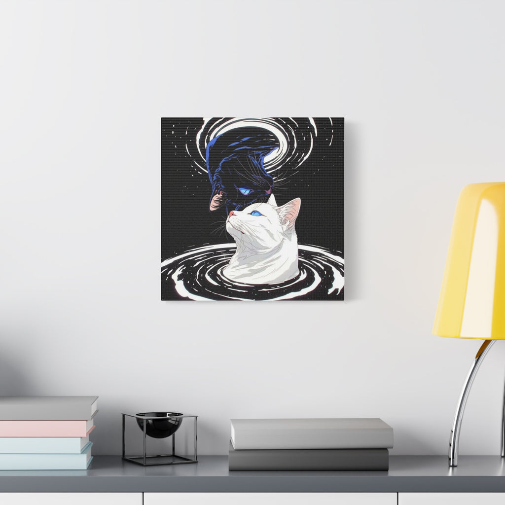 Yin Yang Cosmic Cats Matte Canvas Print — Black & White Cat Wall Art