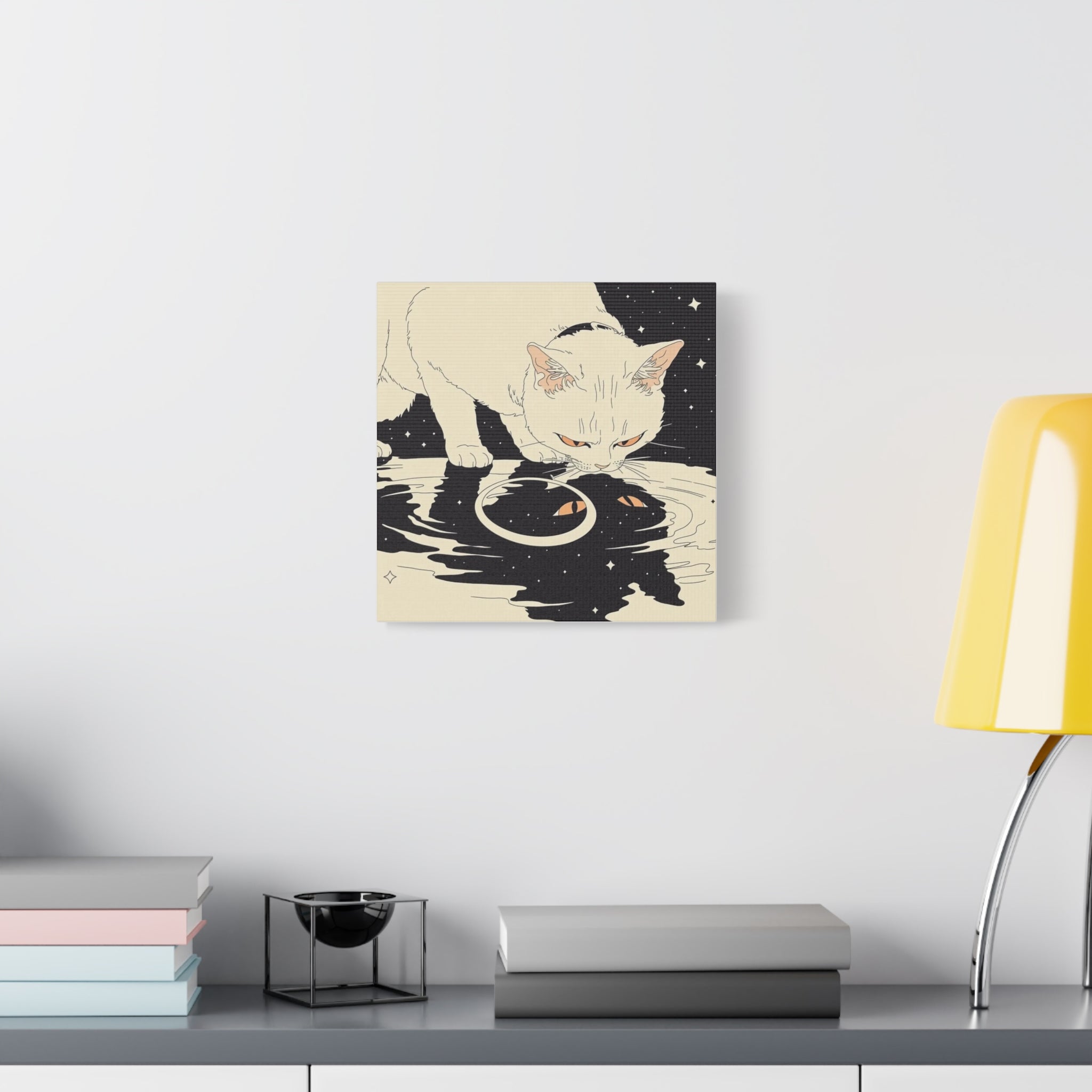 Cosmic Cat Matte Canvas Print — White Cat Gazing into Starry Reflection