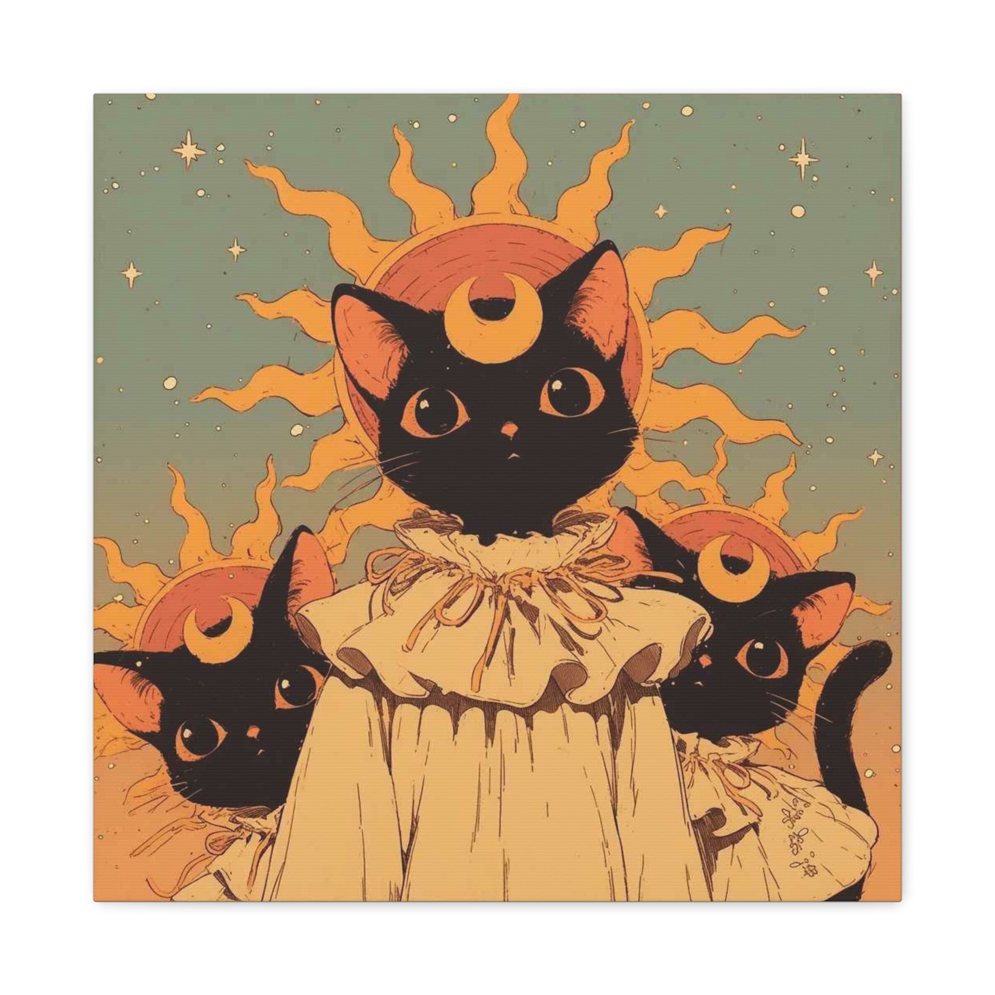 Celestial sun Cat Trio, Wall Art — Crescent Moon Trio Matte Canvas