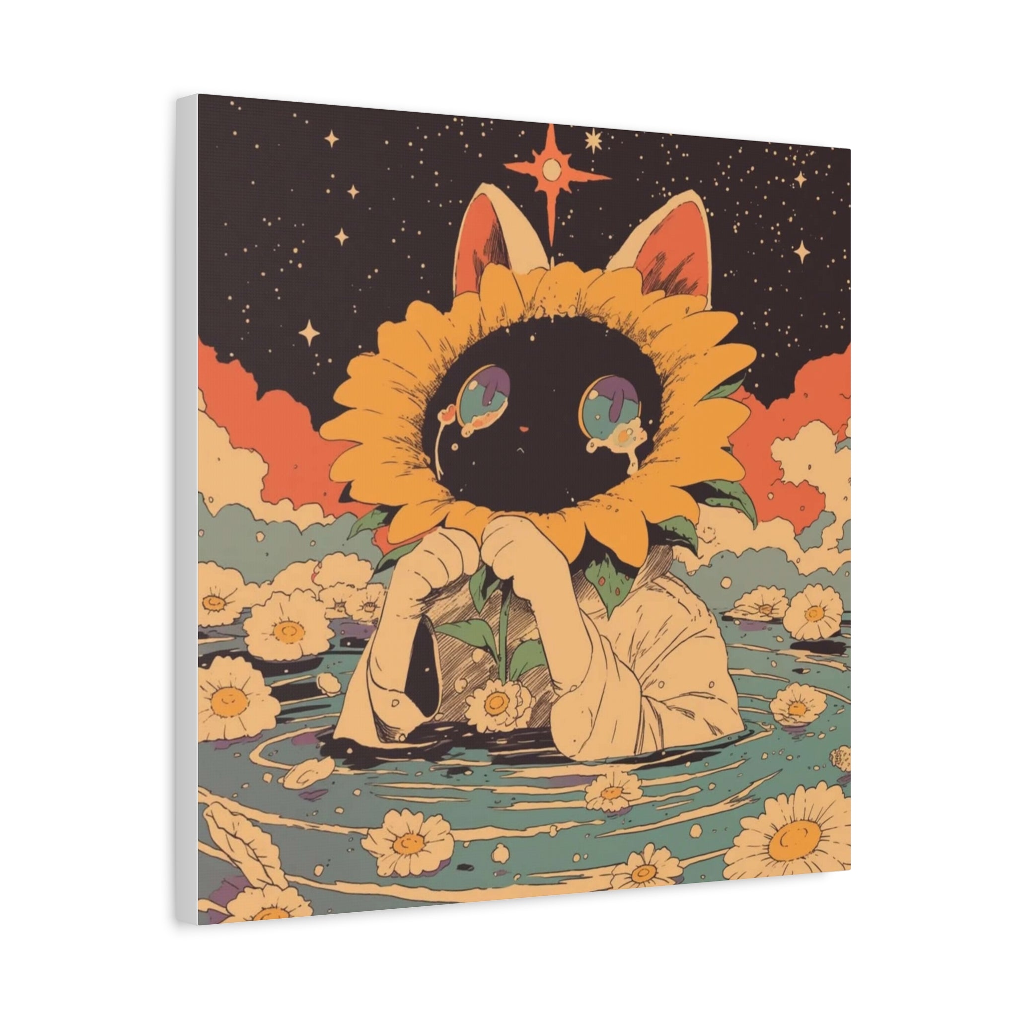 Sunflower Spirit Canvas Wall Art — Cute Surreal Cat Floral Illustration