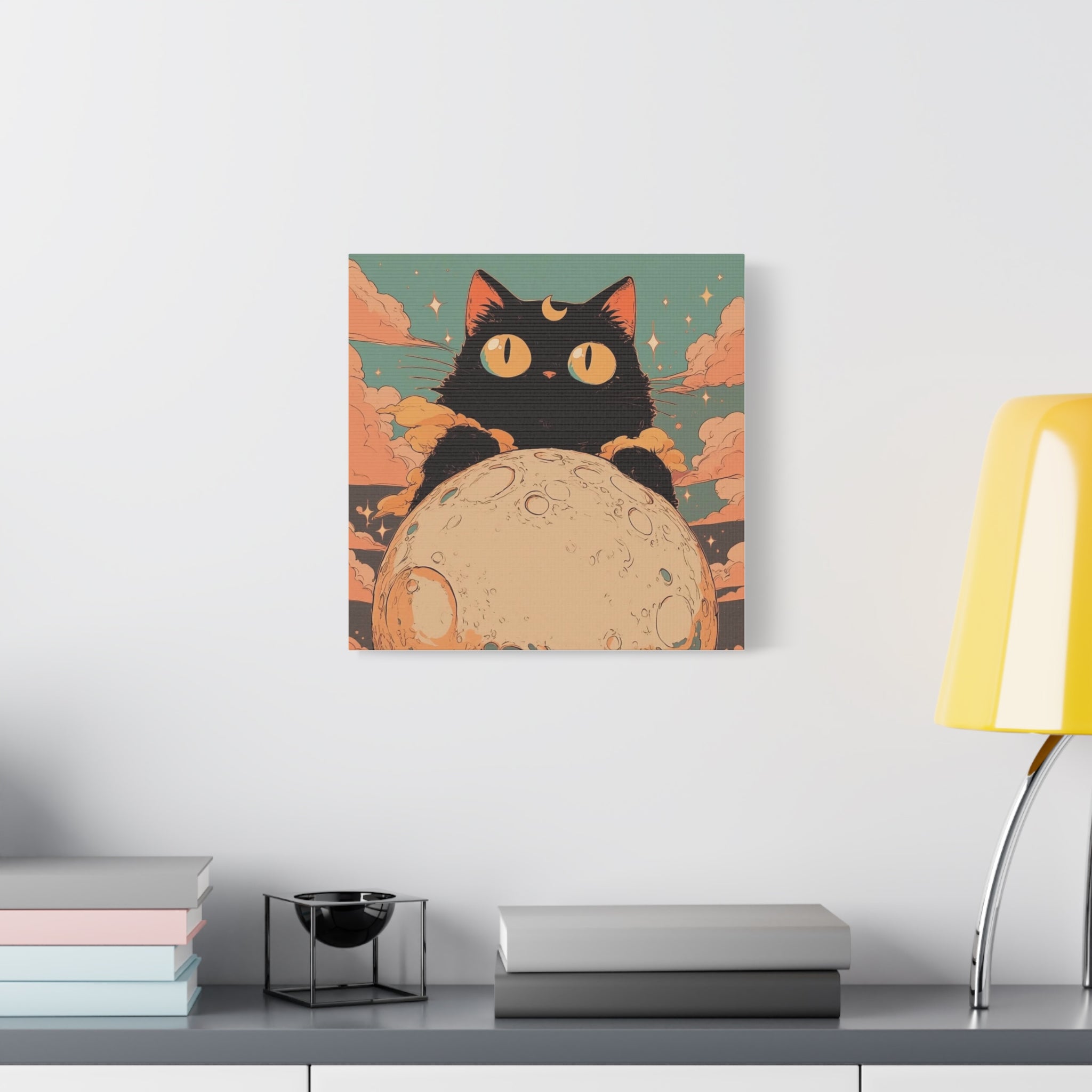 Mystic Moon Cat Canvas Art — Black Cat Holding the Moon