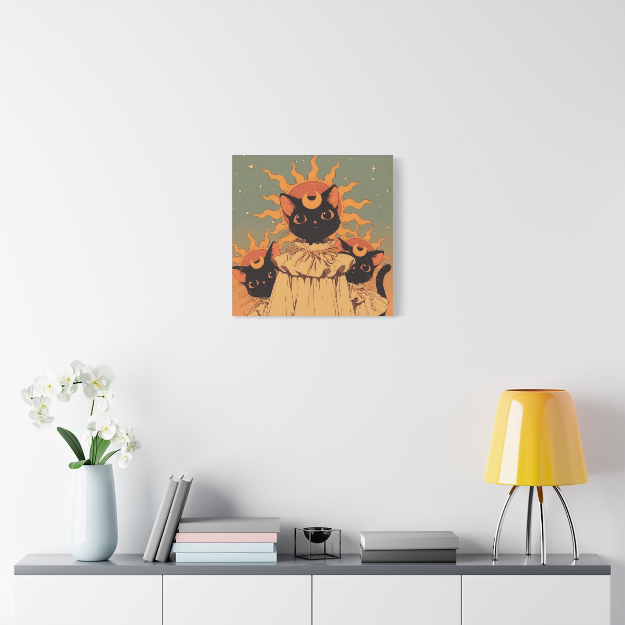 Celestial sun Cat Trio, Wall Art — Crescent Moon Trio Matte Canvas