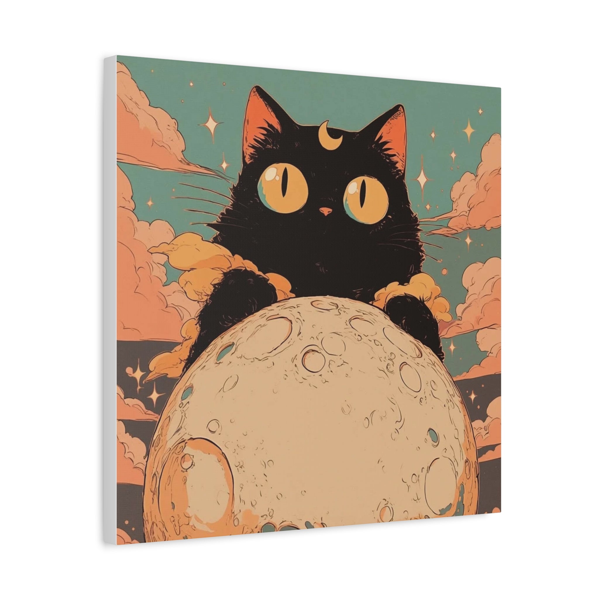 Mystic Moon Cat Canvas Art — Black Cat Holding the Moon