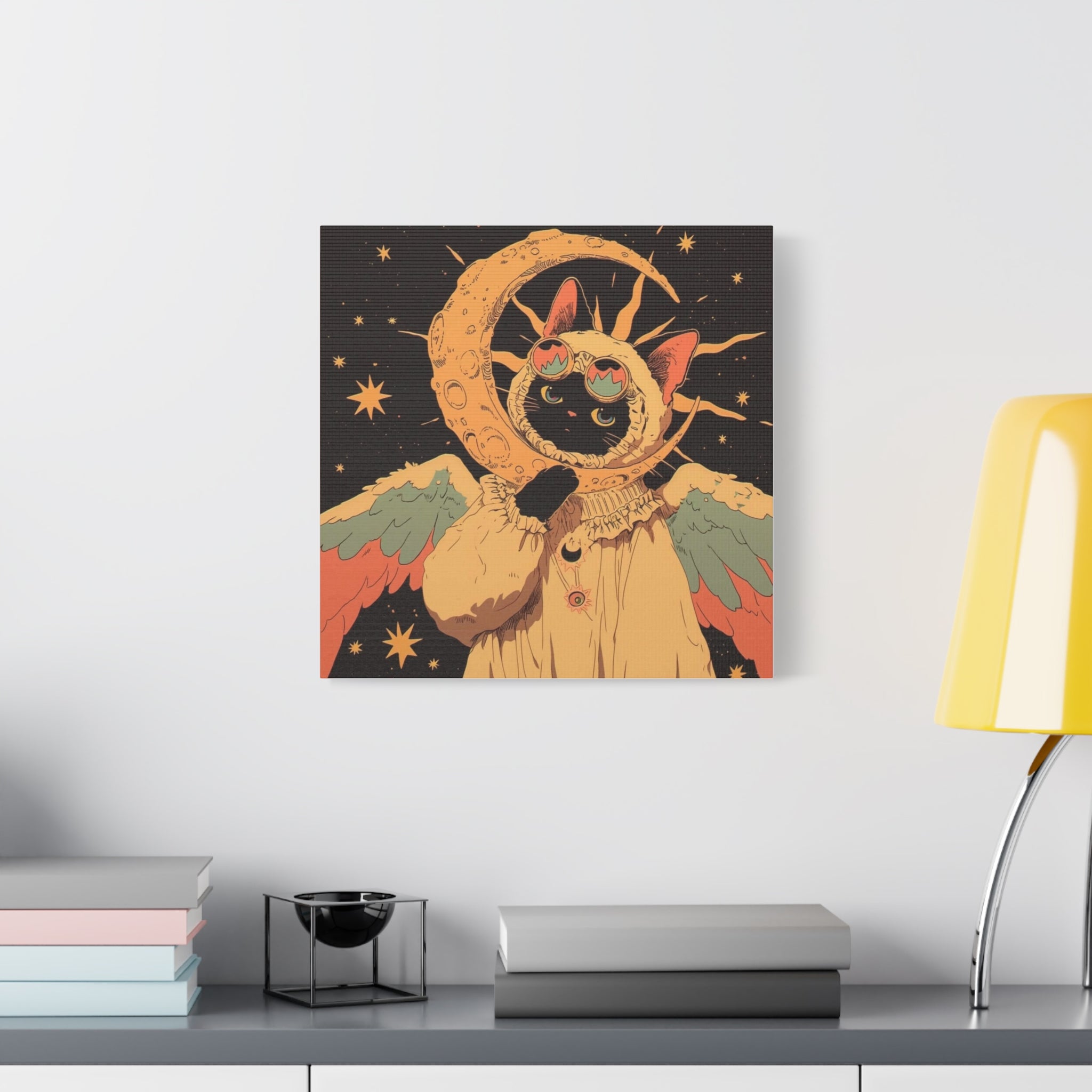 Astral Cat Canvas Wall Art — Mystic Moon & Wings Matte Stretched Print
