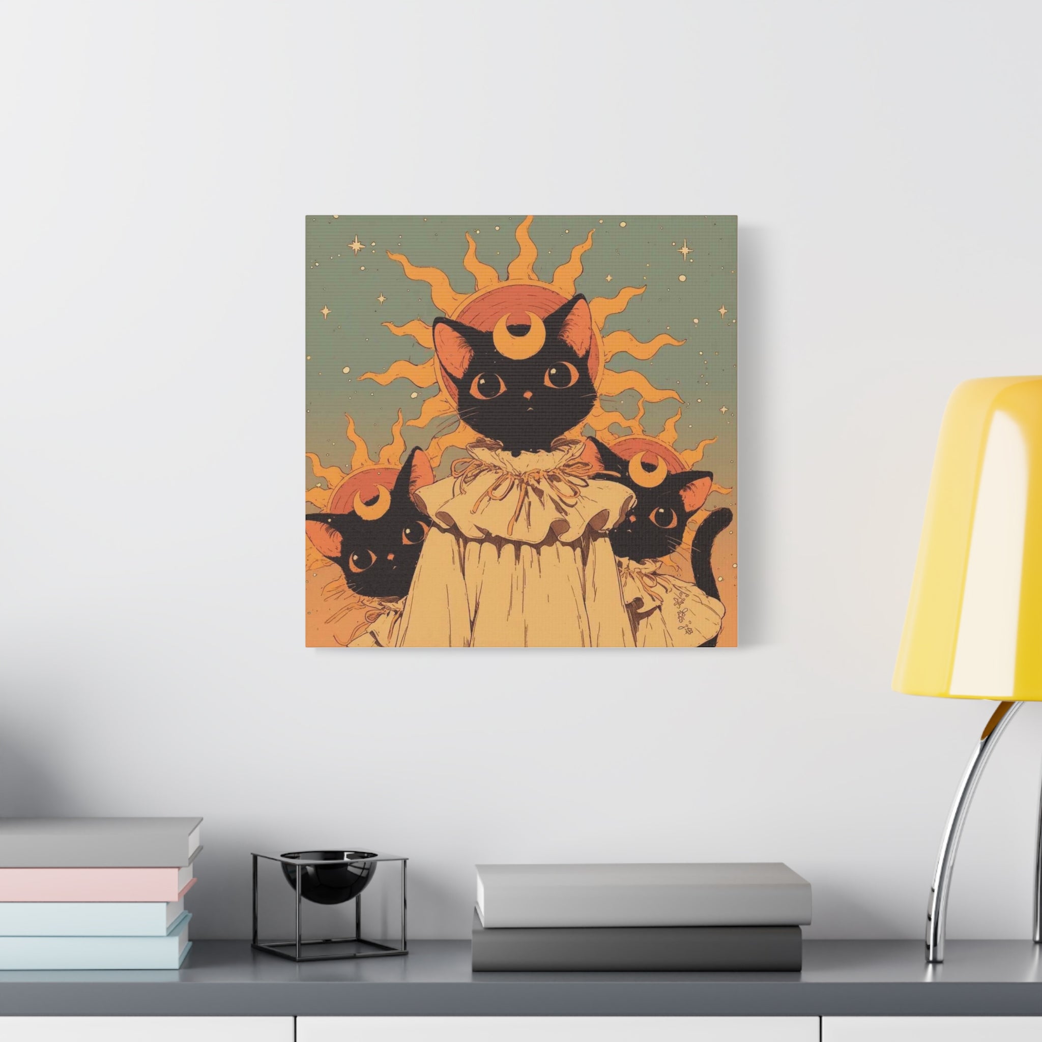 Celestial sun Cat Trio, Wall Art — Crescent Moon Trio Matte Canvas
