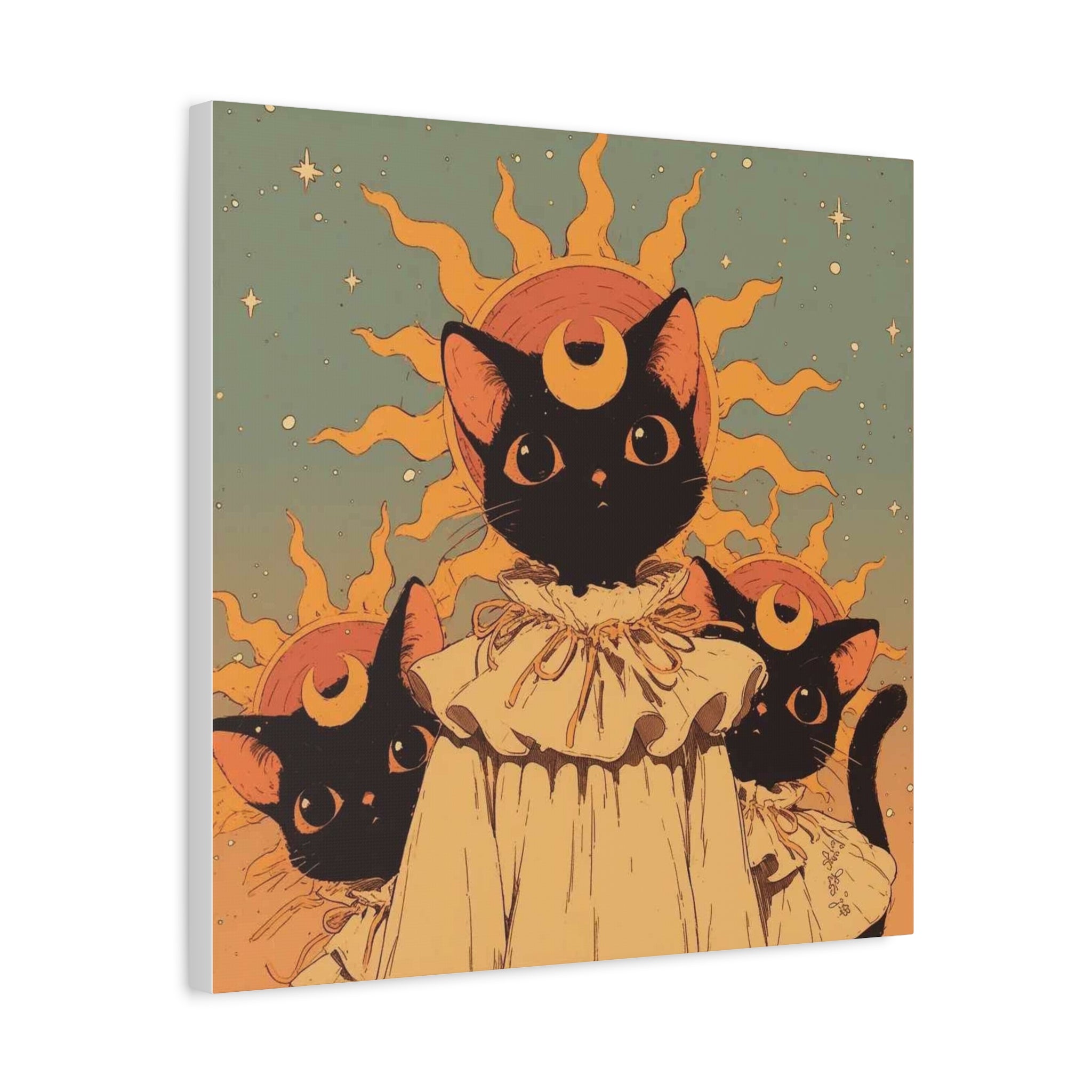 Celestial sun Cat Trio, Wall Art — Crescent Moon Trio Matte Canvas