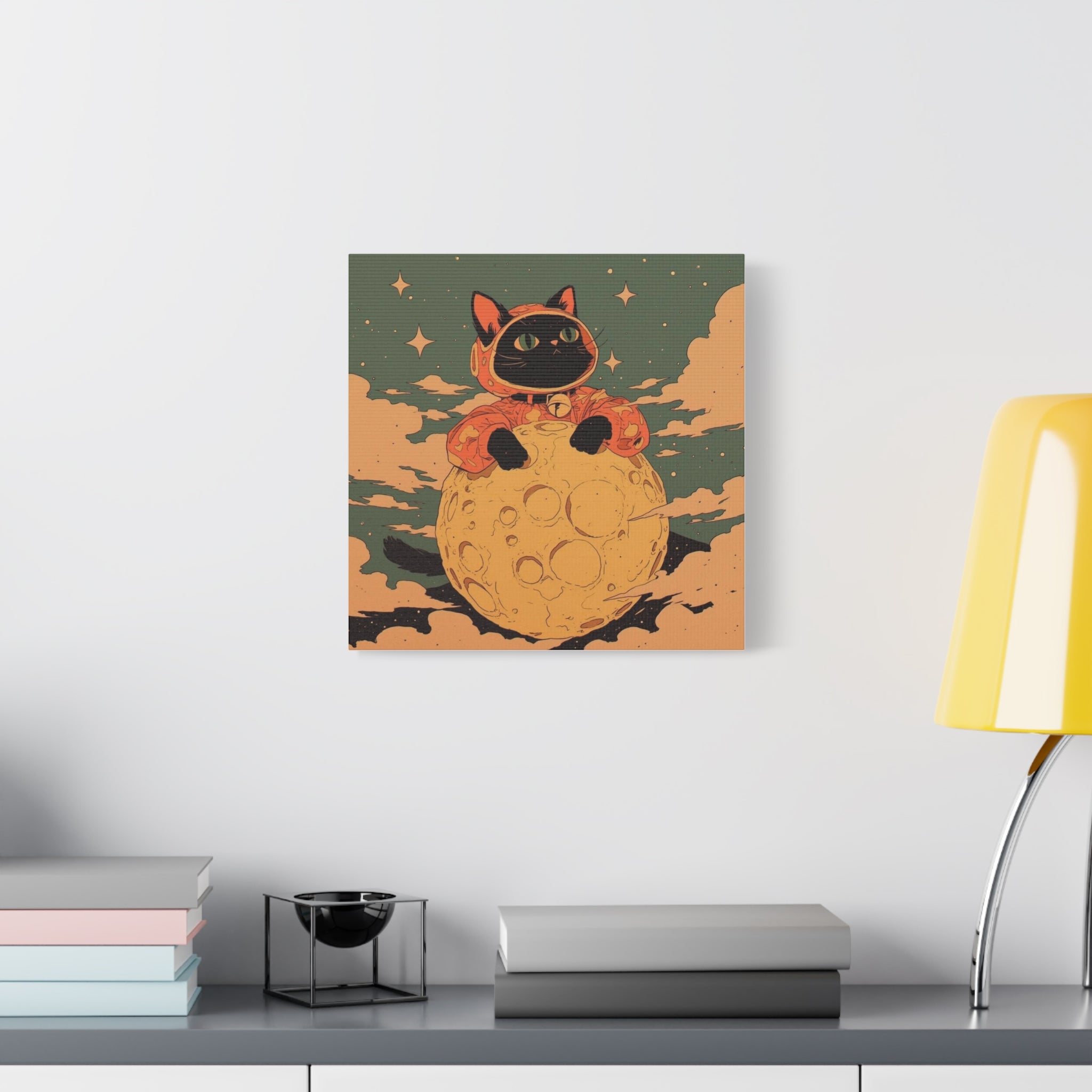 Moon Peeker Cat, Matte Canvas Wall Art — Cute Astronaut Kitty Nursery Decor
