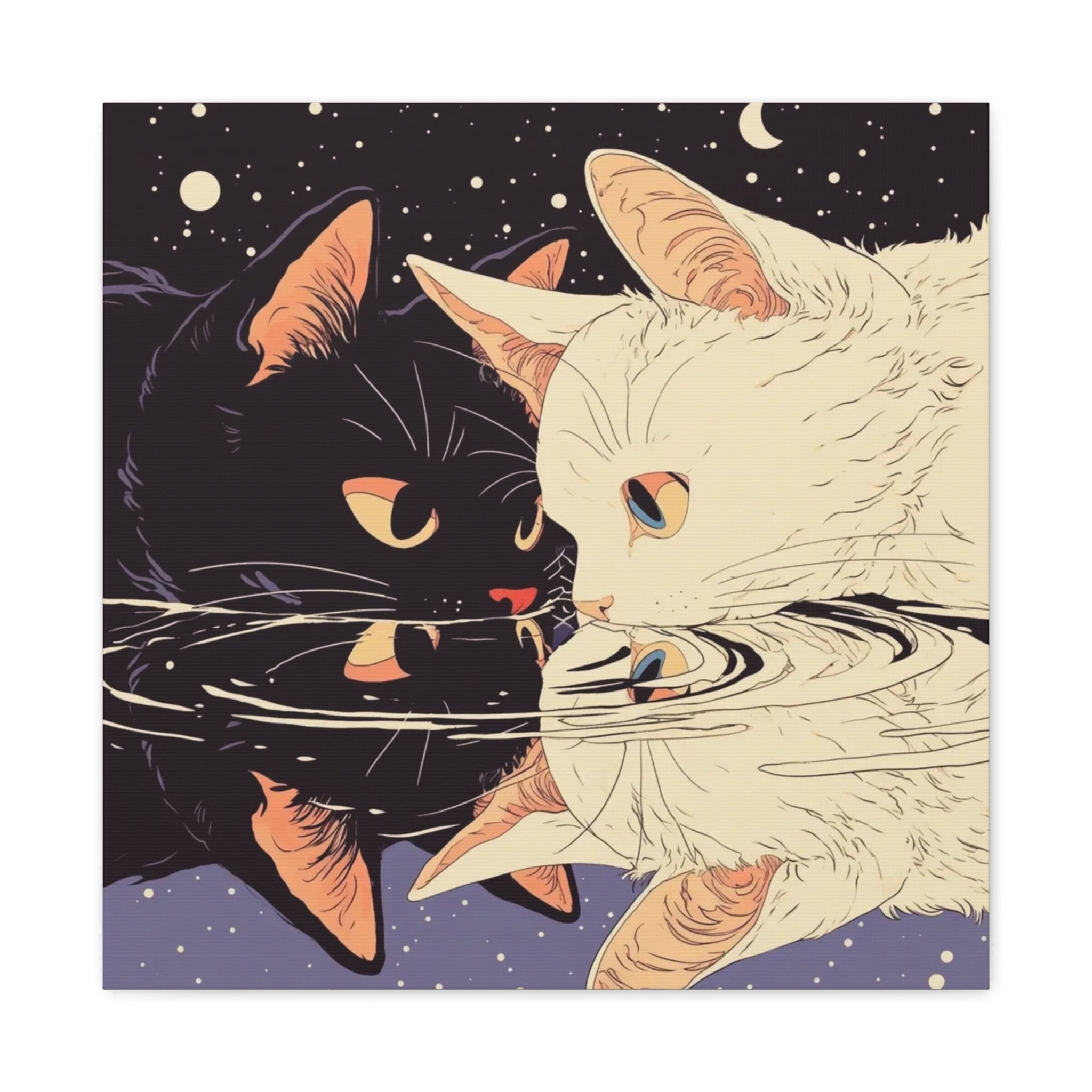 Reflective Cats Canvas Art — Black & White Cat Mirror Wall Decor