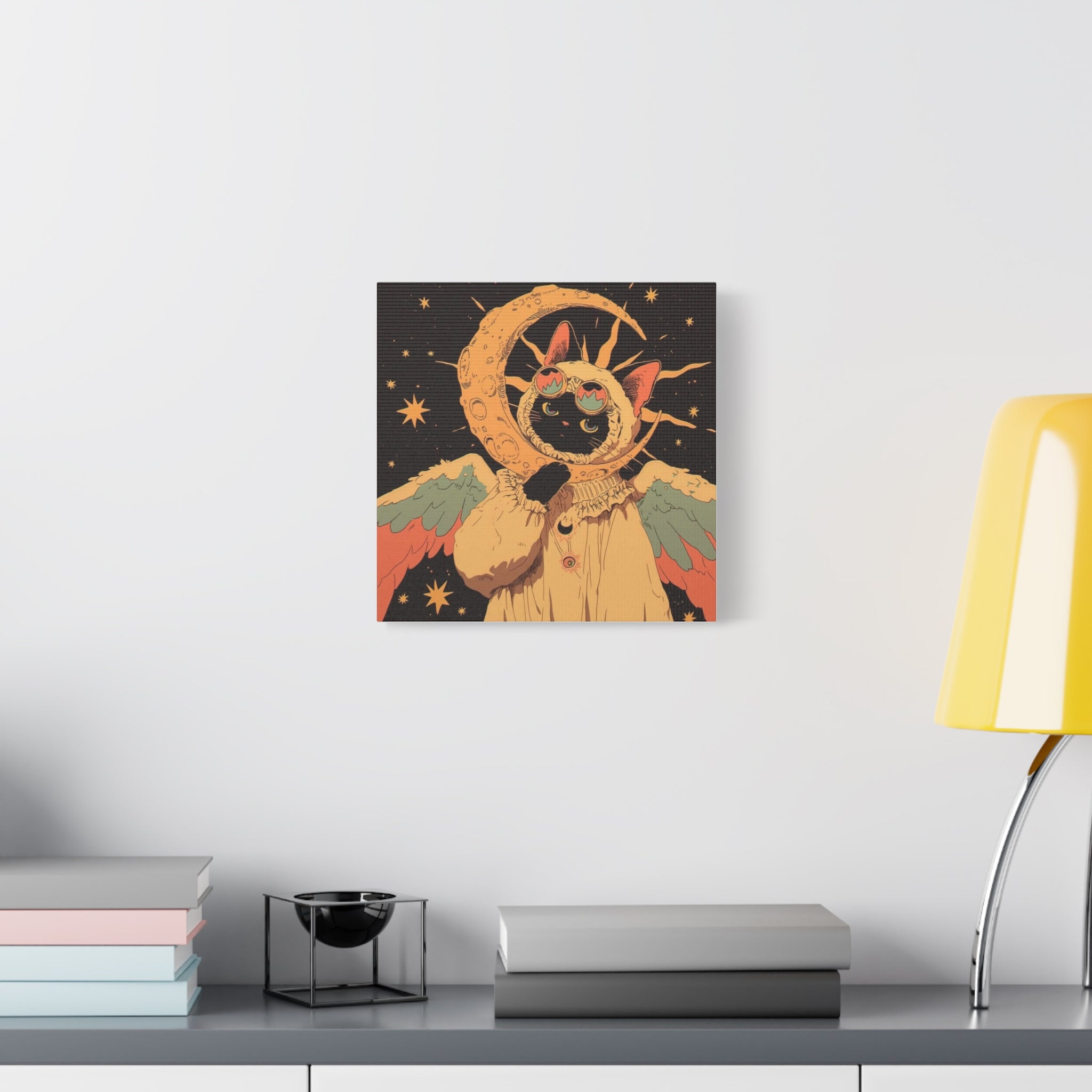 Astral Cat Canvas Wall Art — Mystic Moon & Wings Matte Stretched Print