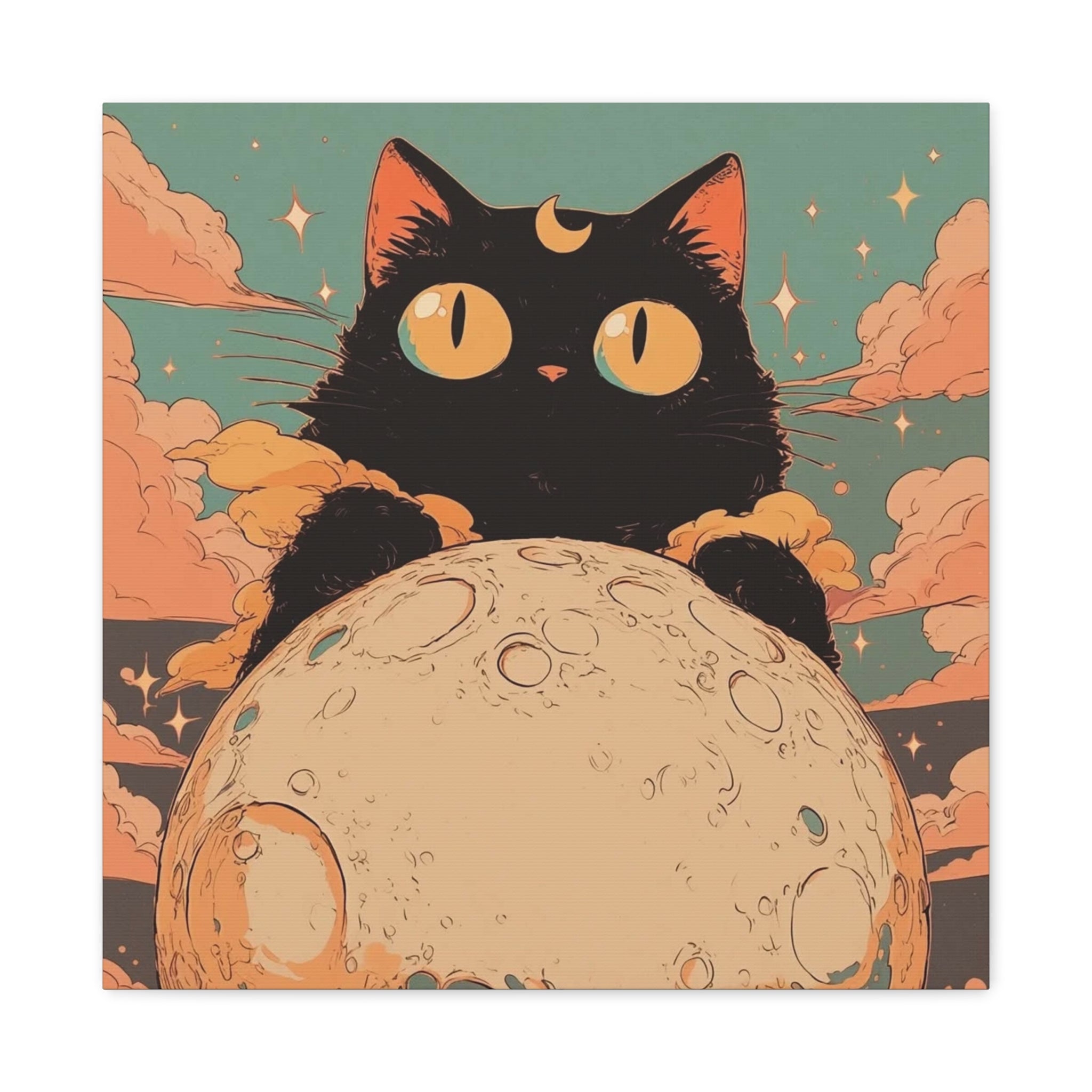 Mystic Moon Cat Canvas Art — Black Cat Holding the Moon
