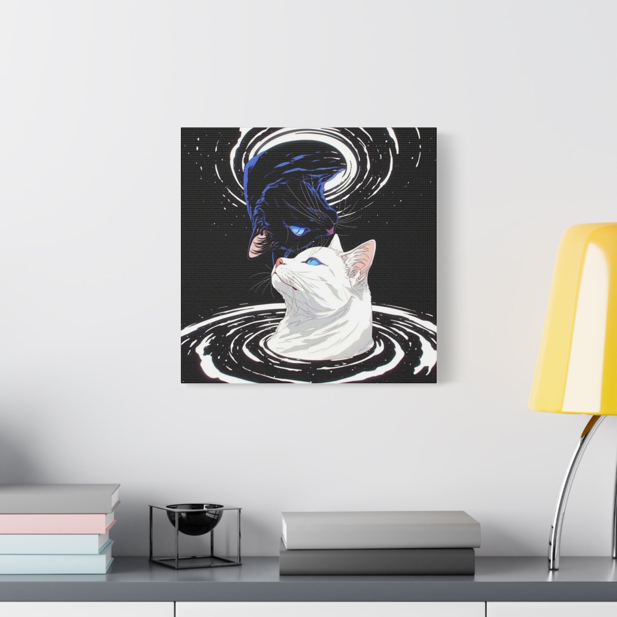 Yin Yang Cosmic Cats Matte Canvas Print — Black & White Cat Wall Art