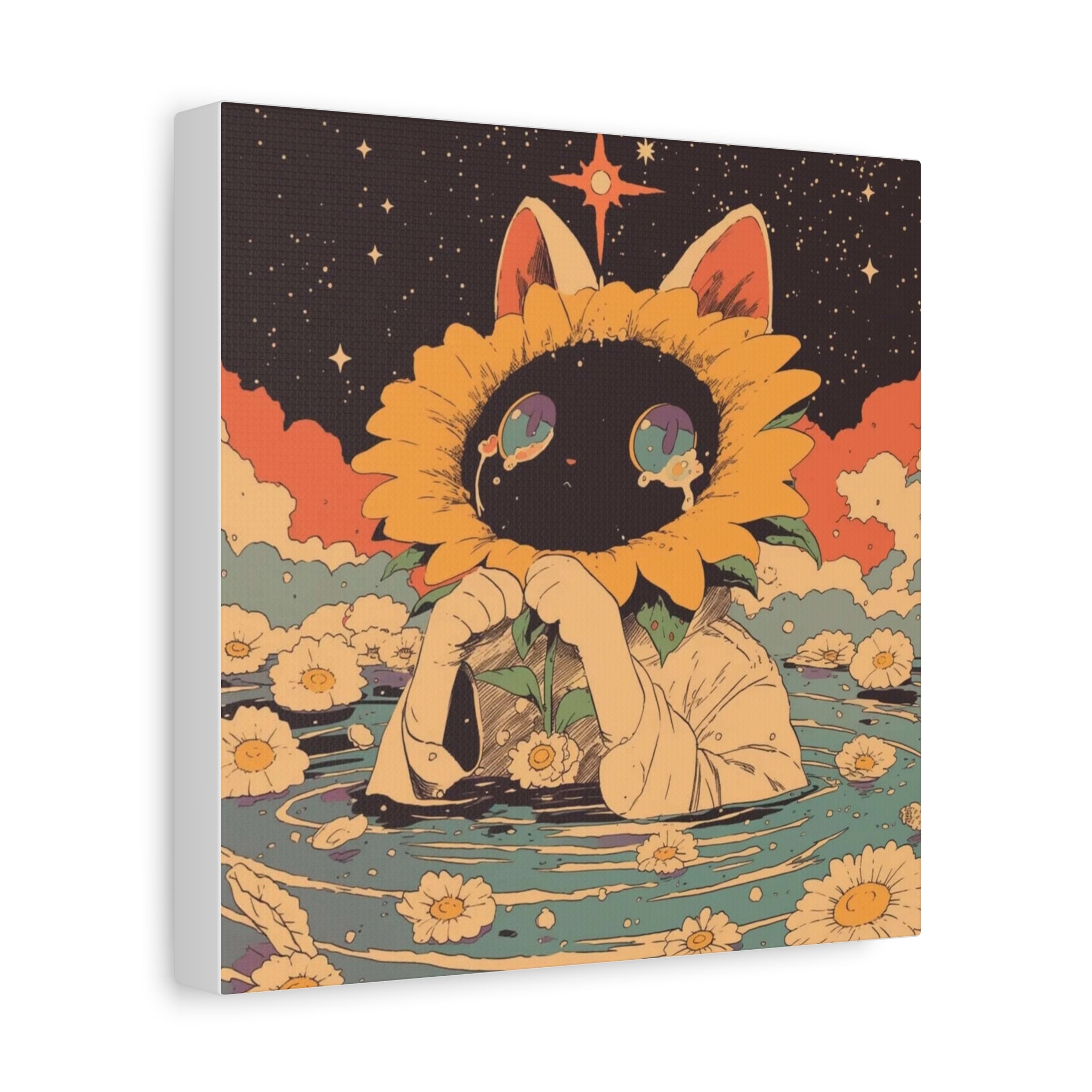 Sunflower Spirit Canvas Wall Art — Cute Surreal Cat Floral Illustration