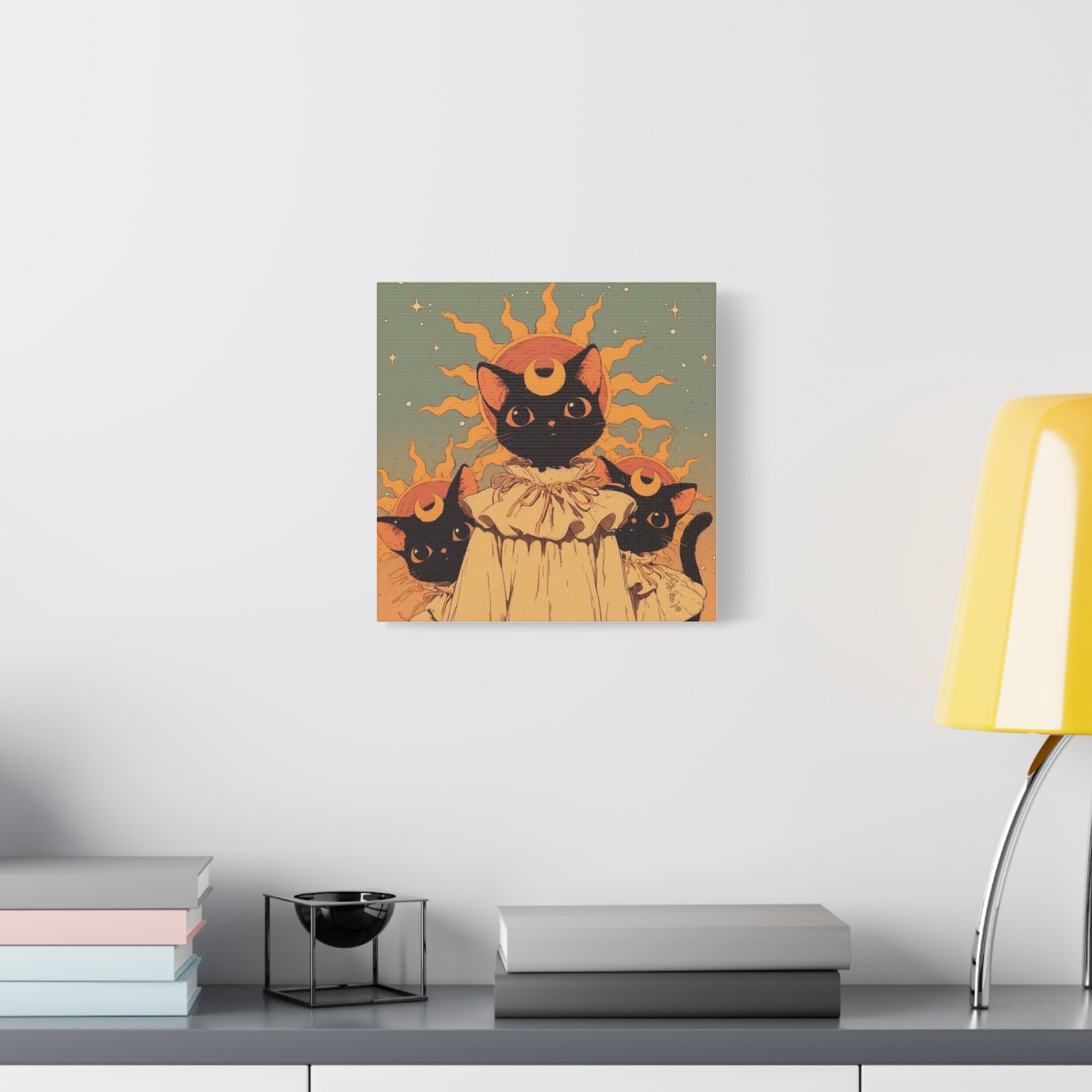 Celestial sun Cat Trio, Wall Art — Crescent Moon Trio Matte Canvas