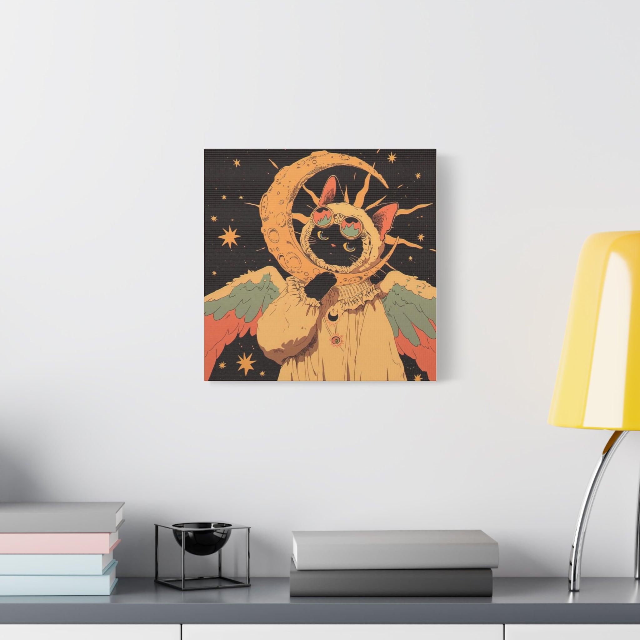 Astral Cat Canvas Wall Art — Mystic Moon & Wings Matte Stretched Print