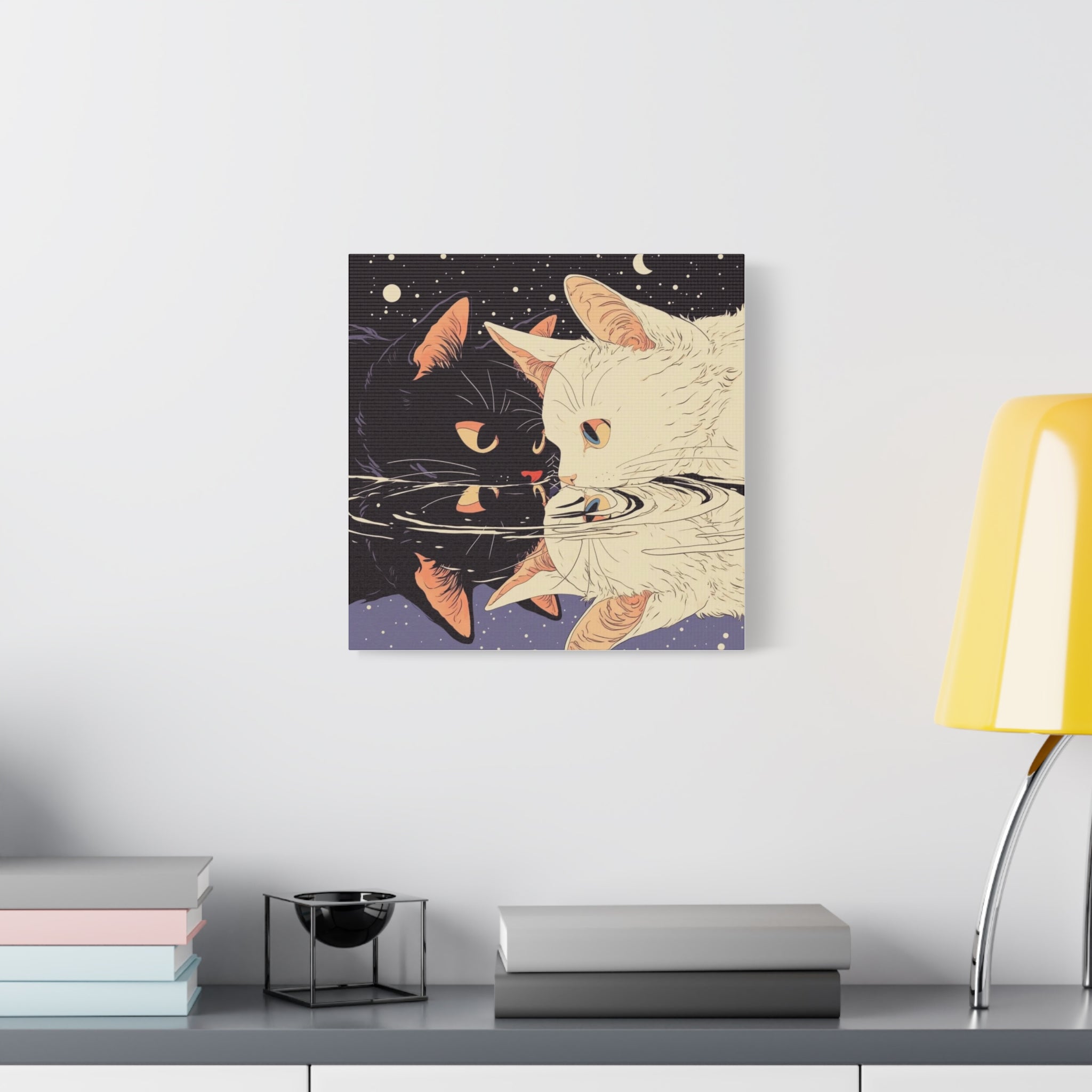 Reflective Cats Canvas Art — Black & White Cat Mirror Wall Decor
