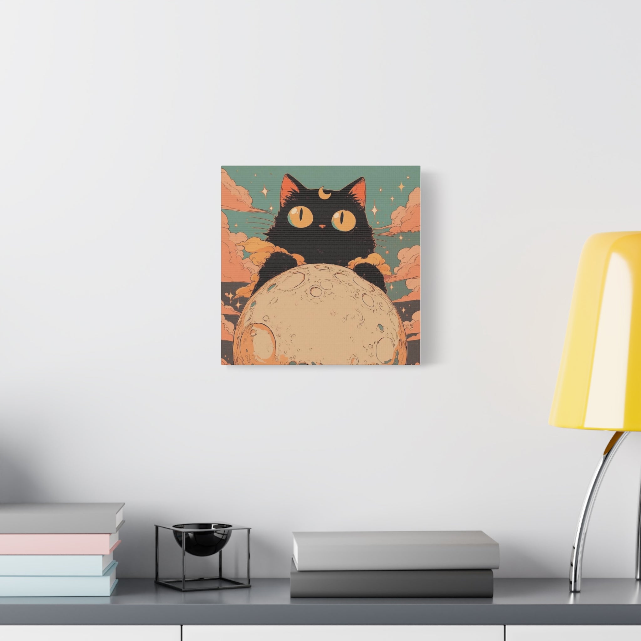 Mystic Moon Cat Canvas Art — Black Cat Holding the Moon