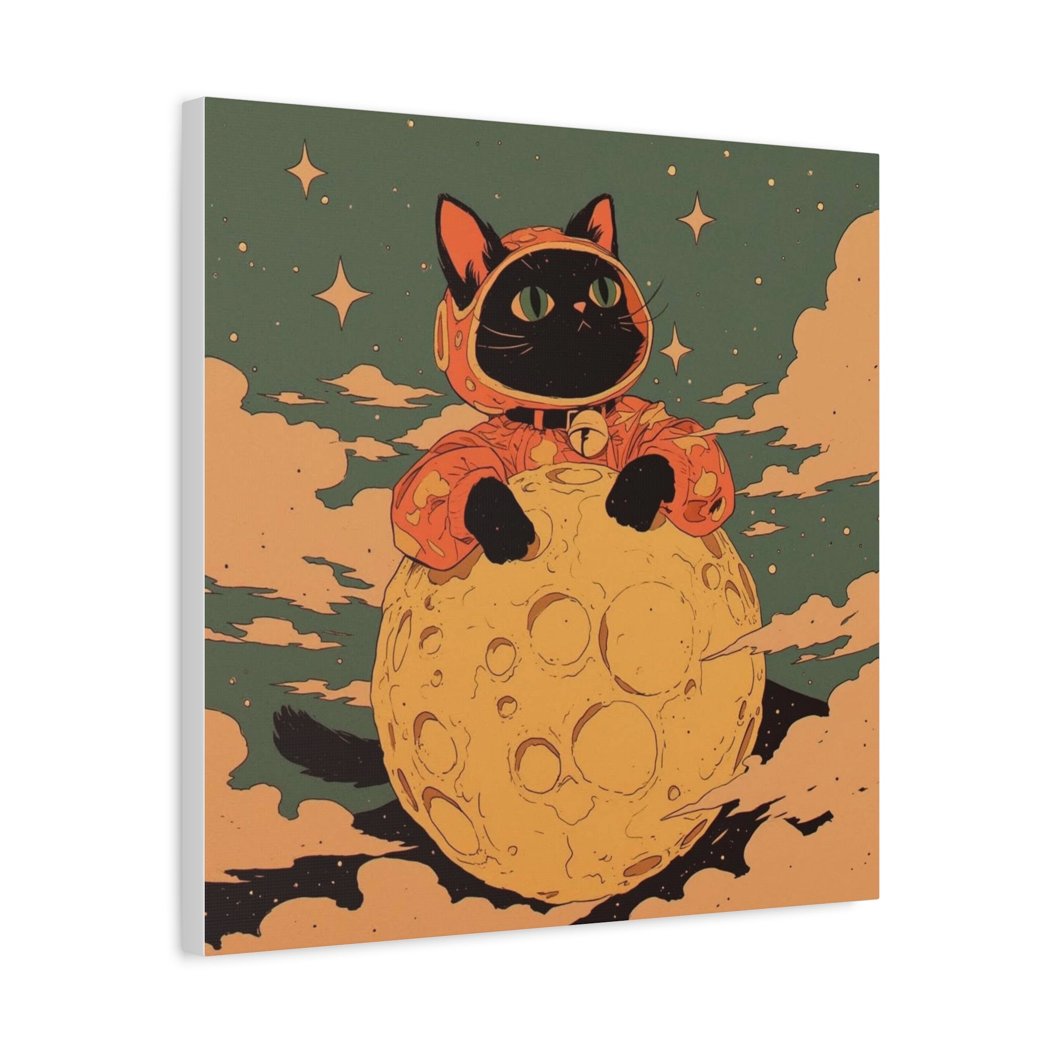 Moon Peeker Cat, Matte Canvas Wall Art — Cute Astronaut Kitty Nursery Decor