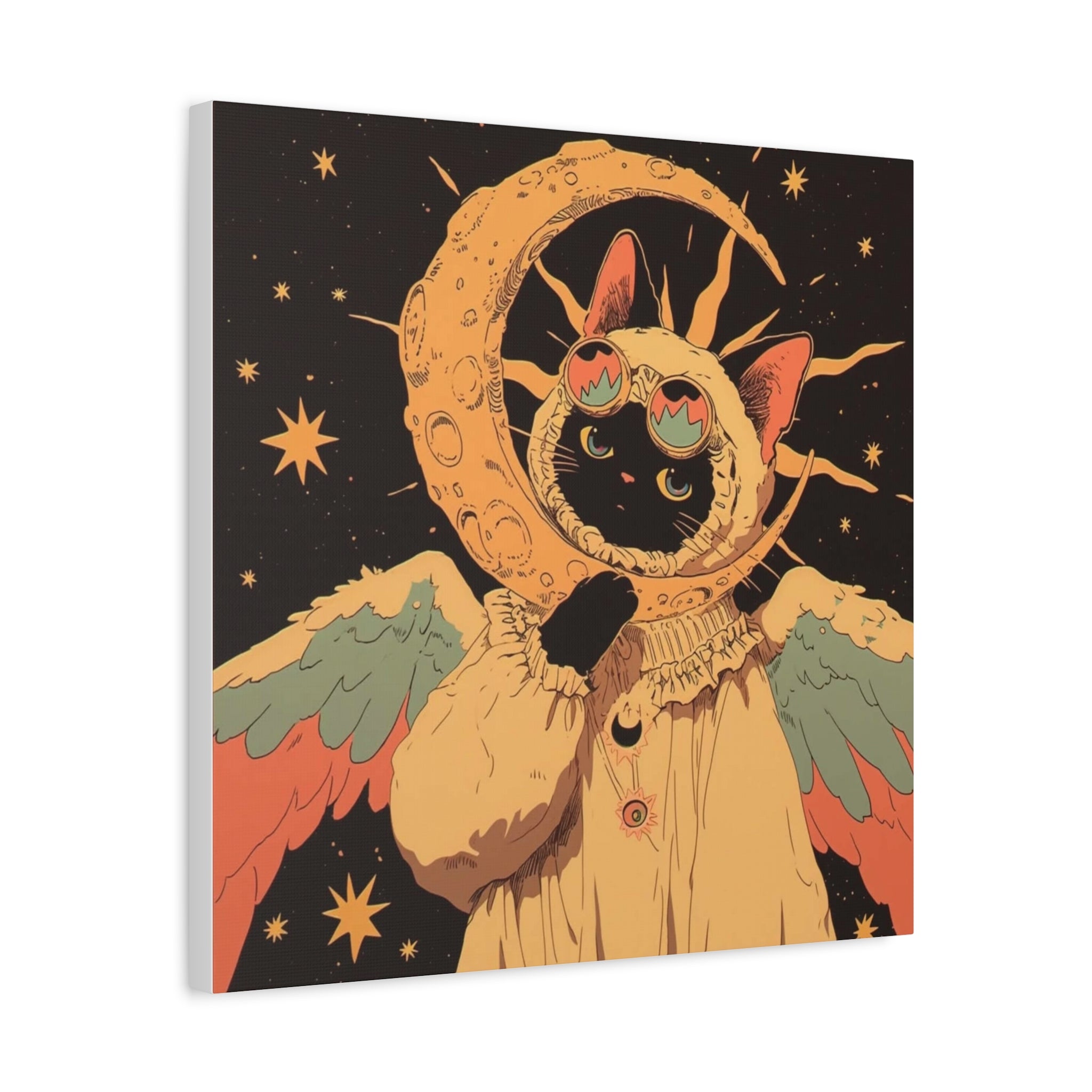 Astral Cat Canvas Wall Art — Mystic Moon & Wings Matte Stretched Print