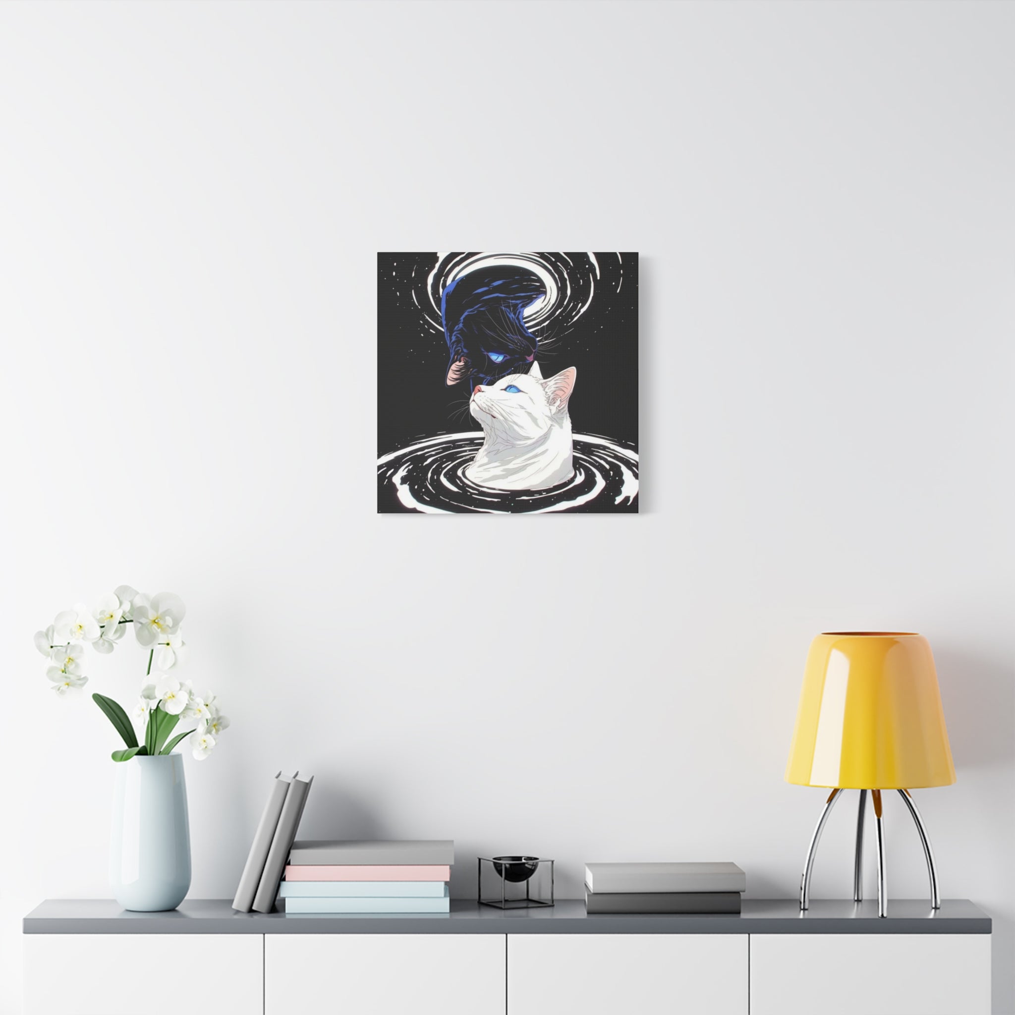 Yin Yang Cosmic Cats Matte Canvas Print — Black & White Cat Wall Art