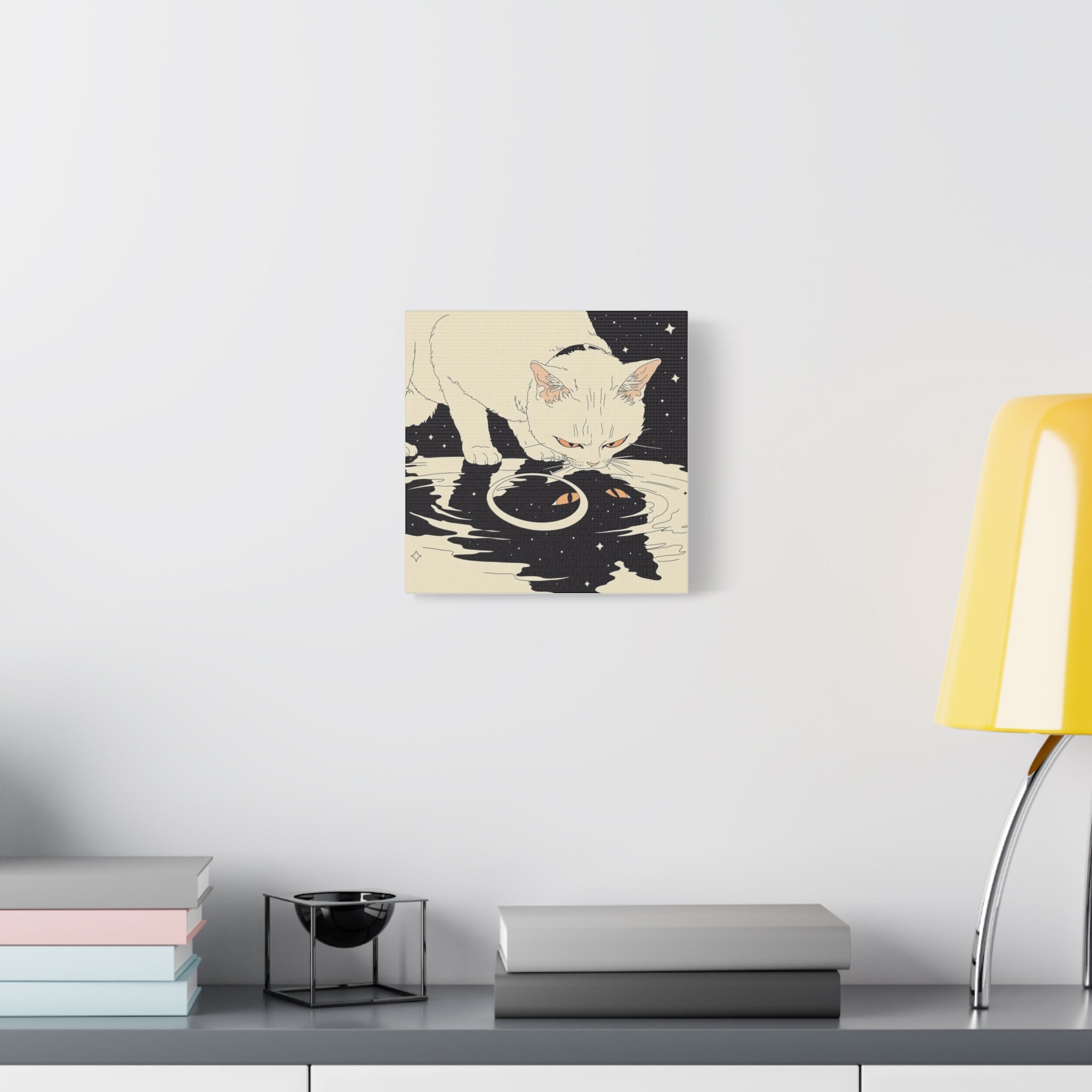 Cosmic Cat Matte Canvas Print — White Cat Gazing into Starry Reflection