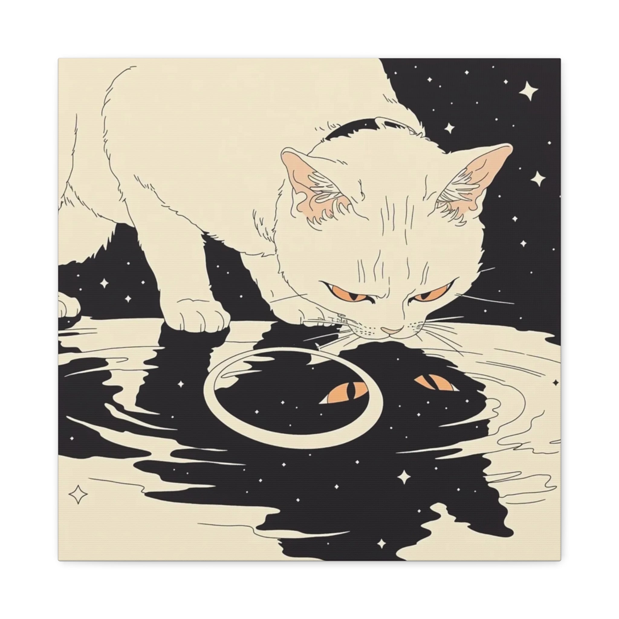 Cosmic Cat Matte Canvas Print — White Cat Gazing into Starry Reflection