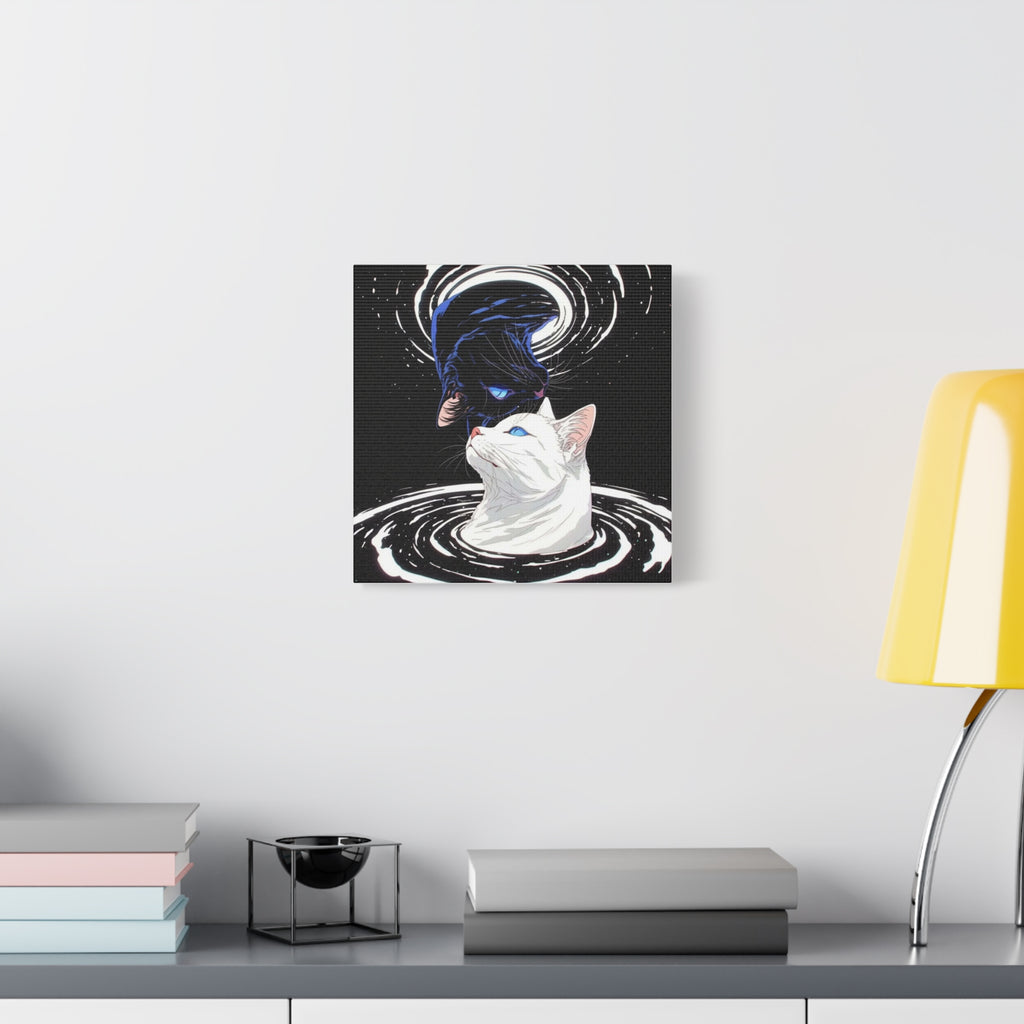 Yin Yang Cosmic Cats Matte Canvas Print — Black & White Cat Wall Art