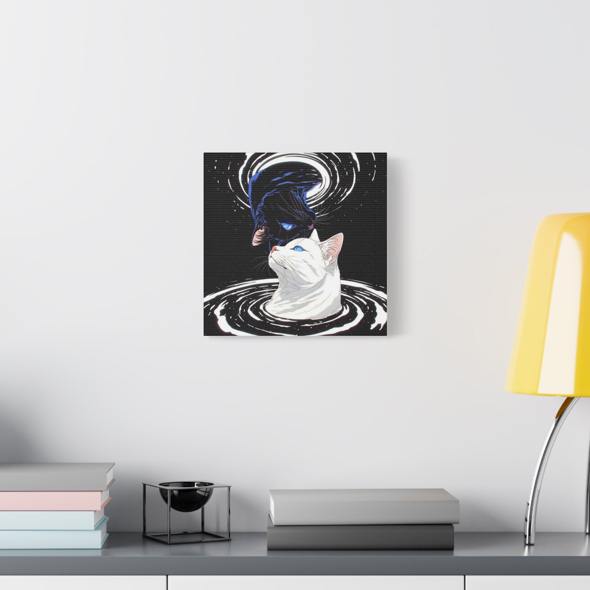 Yin Yang Cosmic Cats Matte Canvas Print — Black & White Cat Wall Art