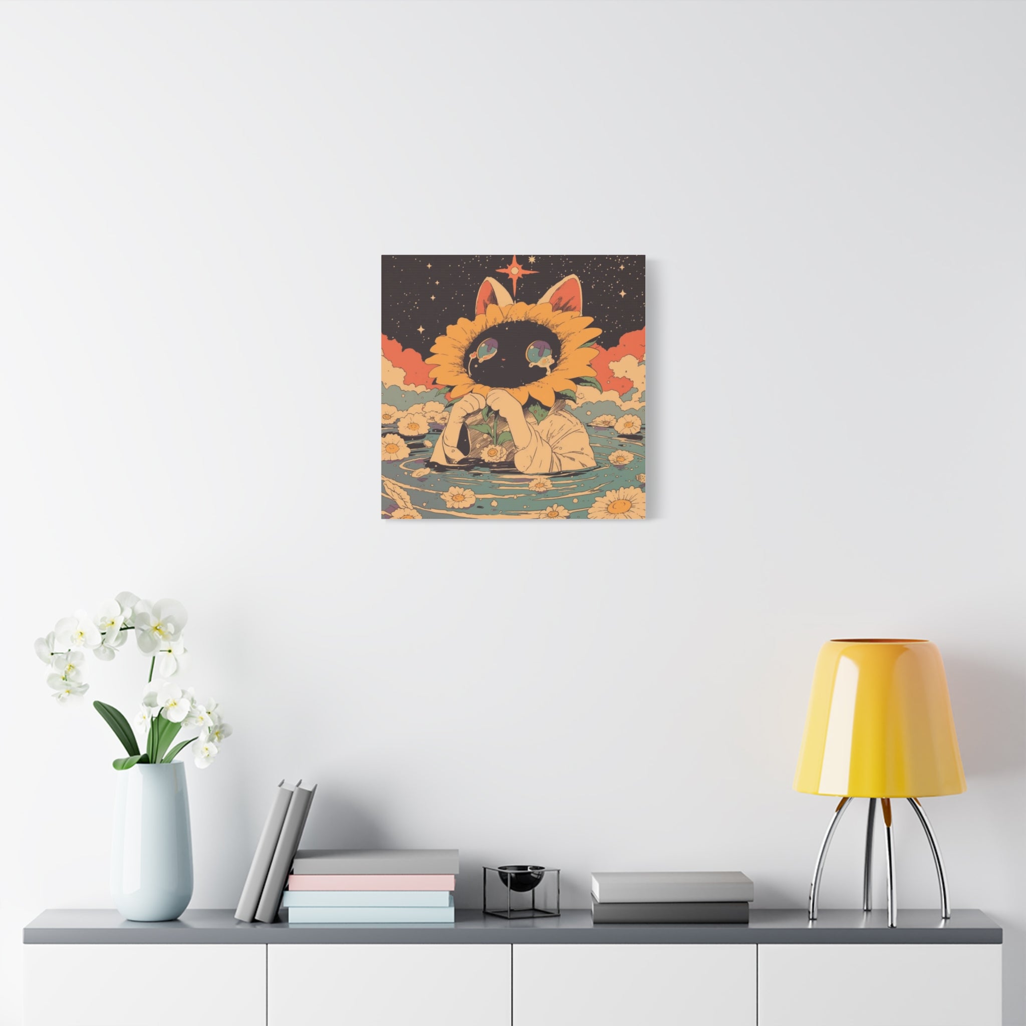 Sunflower Spirit Canvas Wall Art — Cute Surreal Cat Floral Illustration