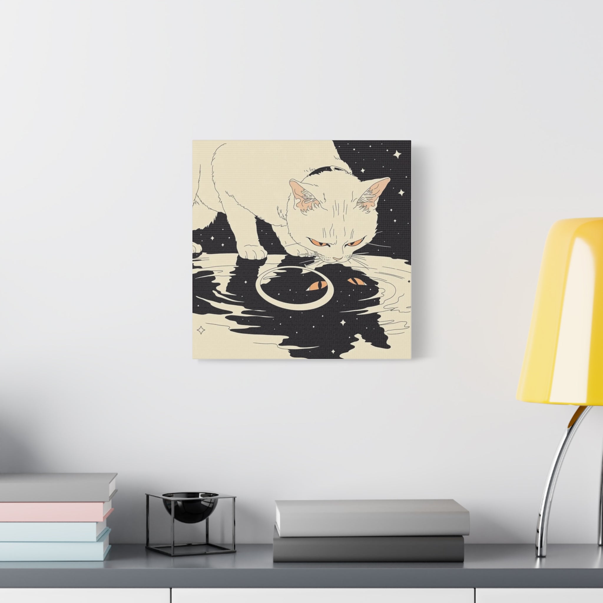 Cosmic Cat Matte Canvas Print — White Cat Gazing into Starry Reflection