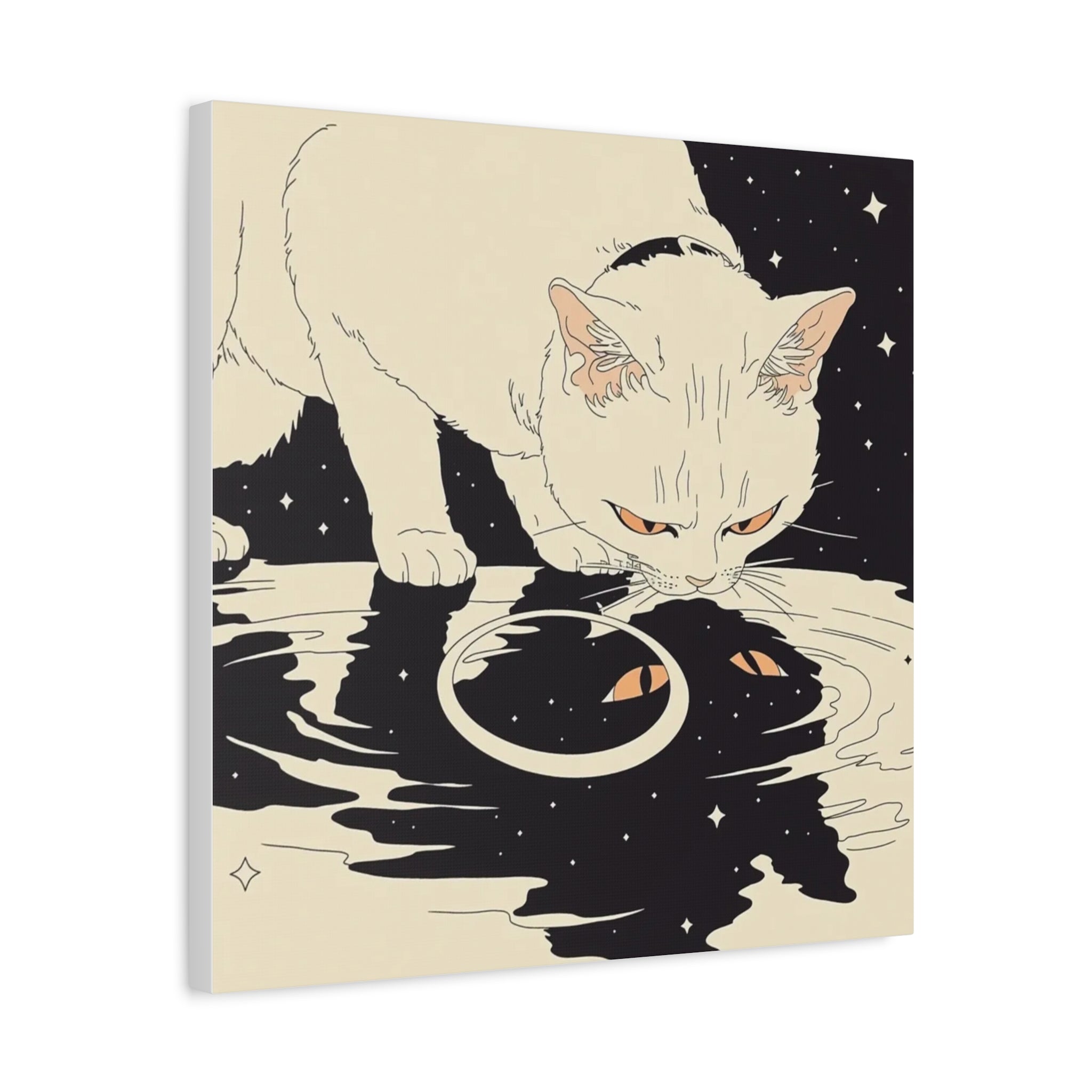 Cosmic Cat Matte Canvas Print — White Cat Gazing into Starry Reflection