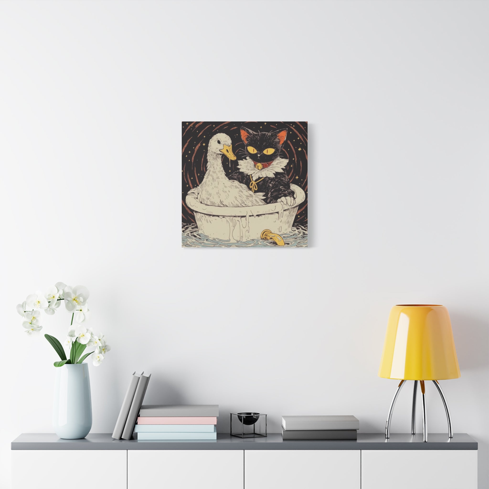 Mystic Cat & Duck Bath time,  Matte Canvas Wall Art