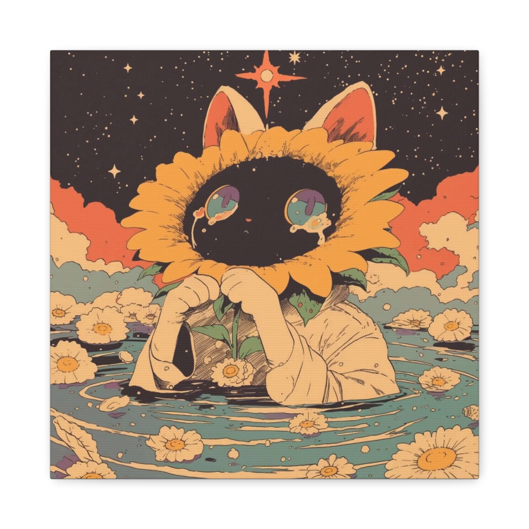 Sunflower Spirit Canvas Wall Art — Cute Surreal Cat Floral Illustration