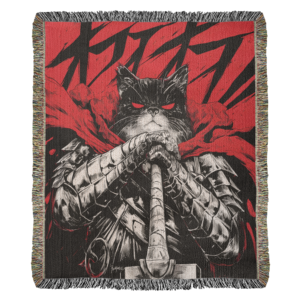 Catsu The Berserker kitty.  Woven blanket.