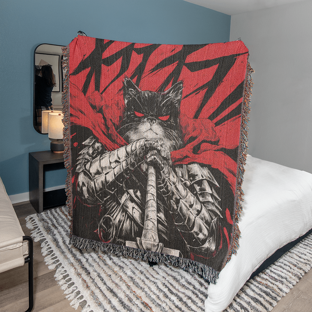 Catsu The Berserker kitty.  Woven blanket.