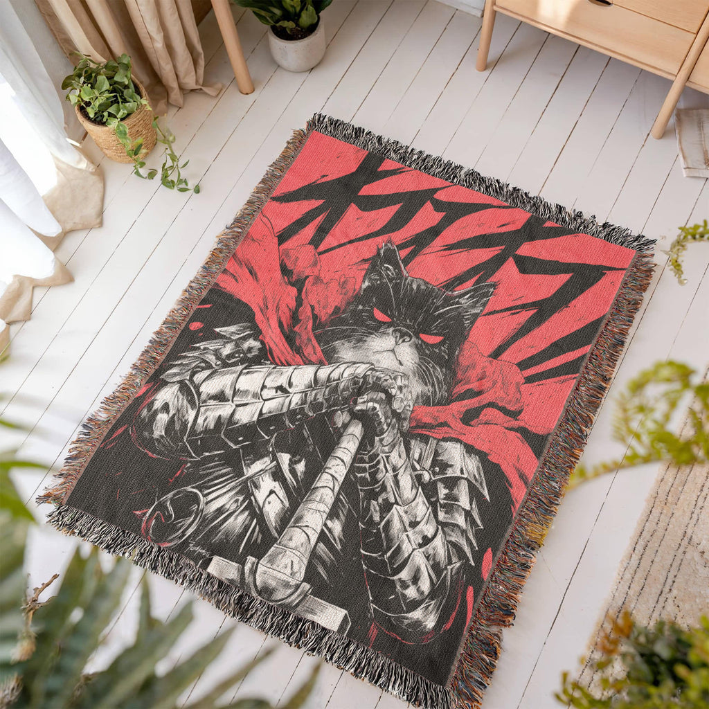 Catsu The Berserker kitty.  Woven blanket.