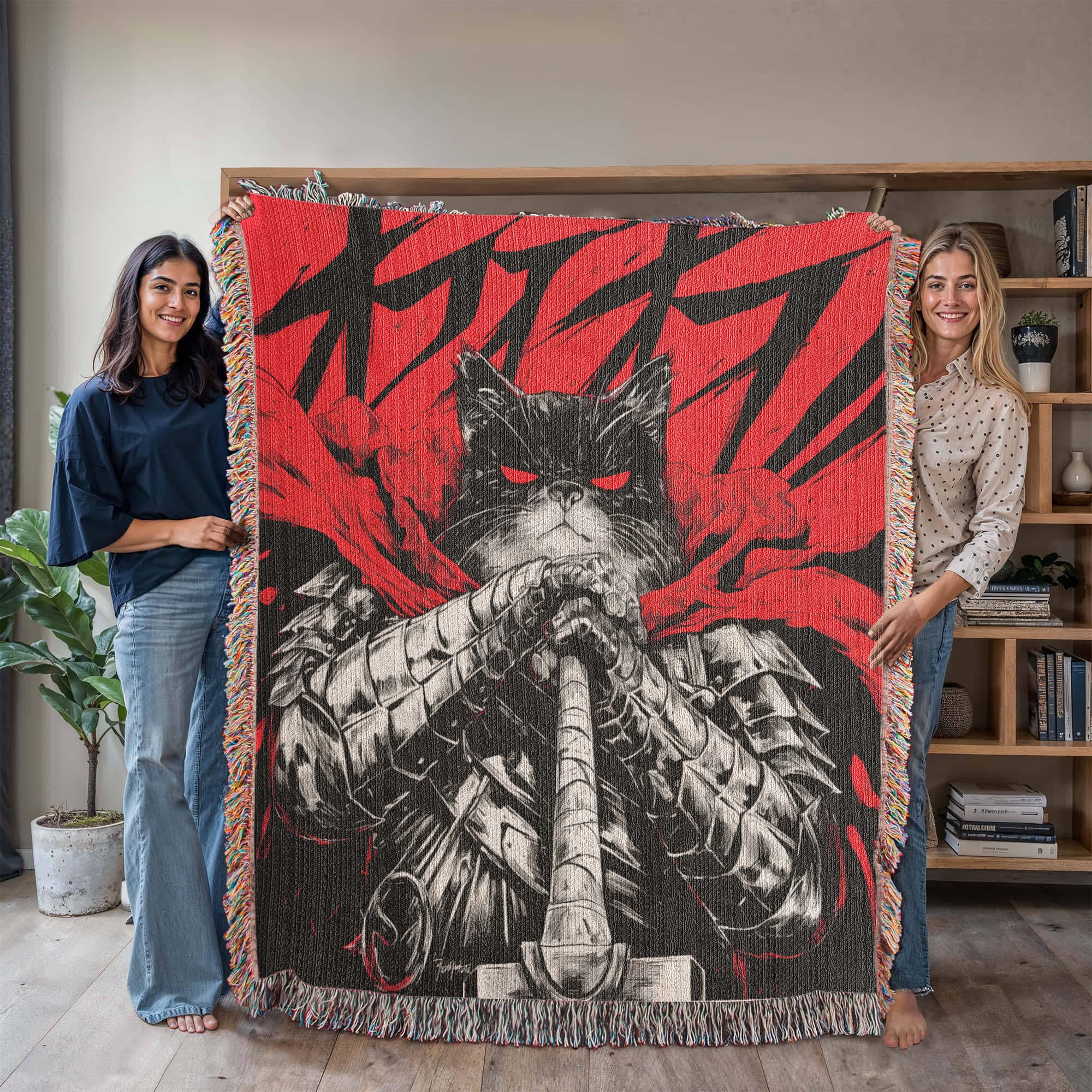 Catsu The Berserker kitty.  Woven blanket.