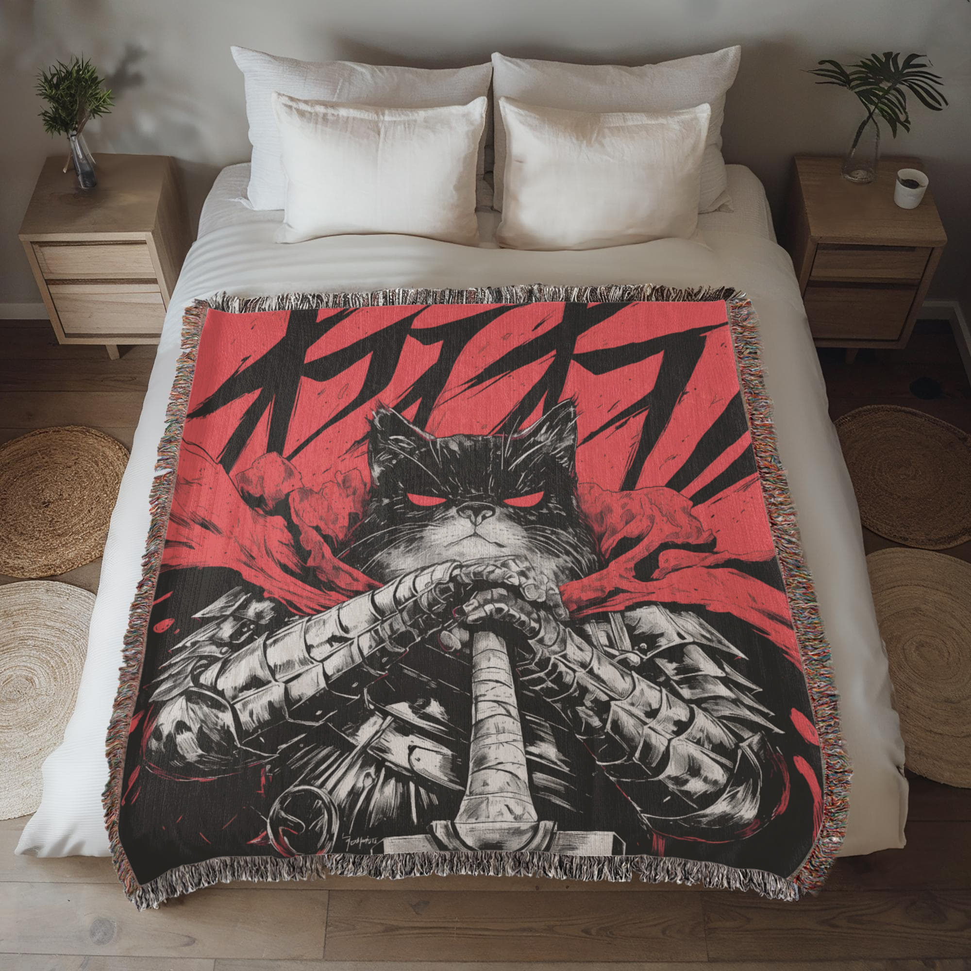 Catsu The Berserker kitty.  Woven blanket.