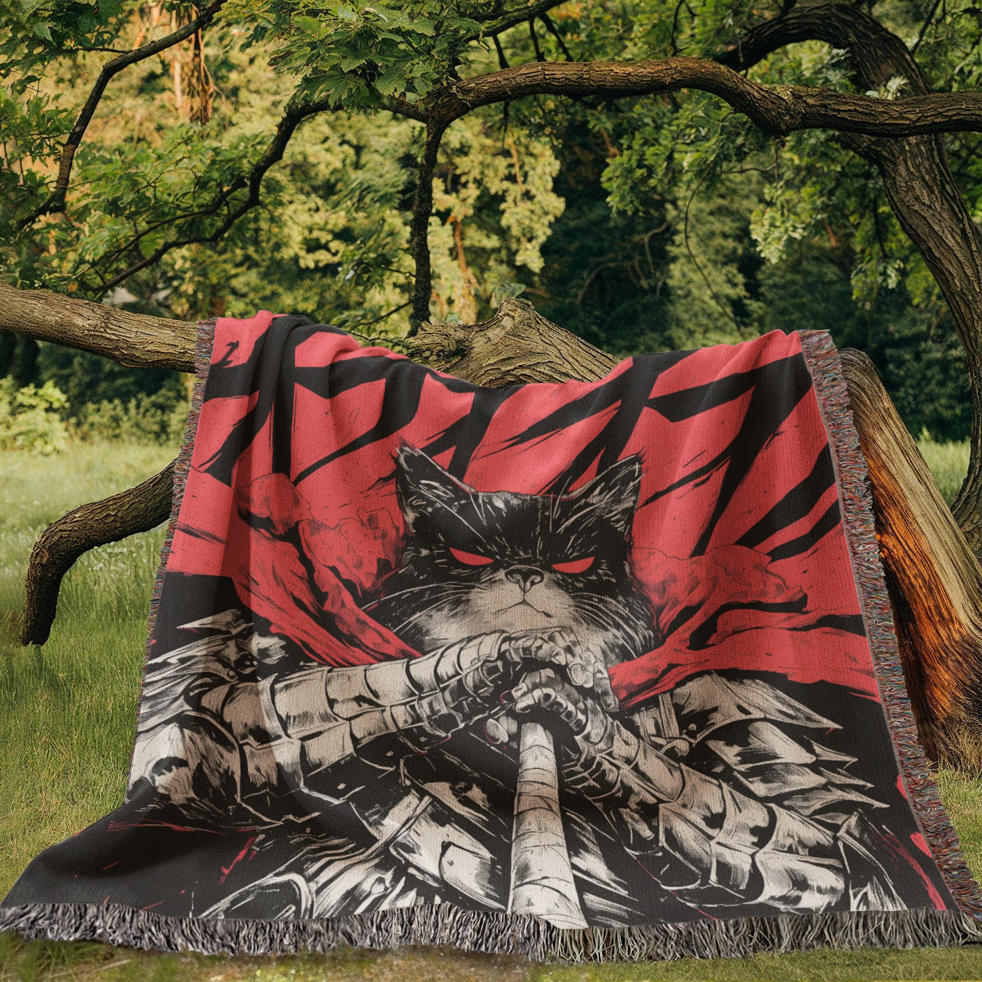 Catsu The Berserker kitty.  Woven blanket.