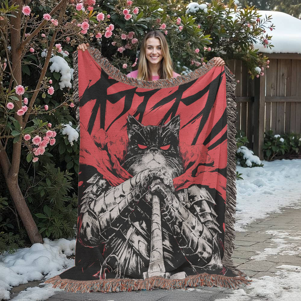 Catsu The Berserker kitty.  Woven blanket.