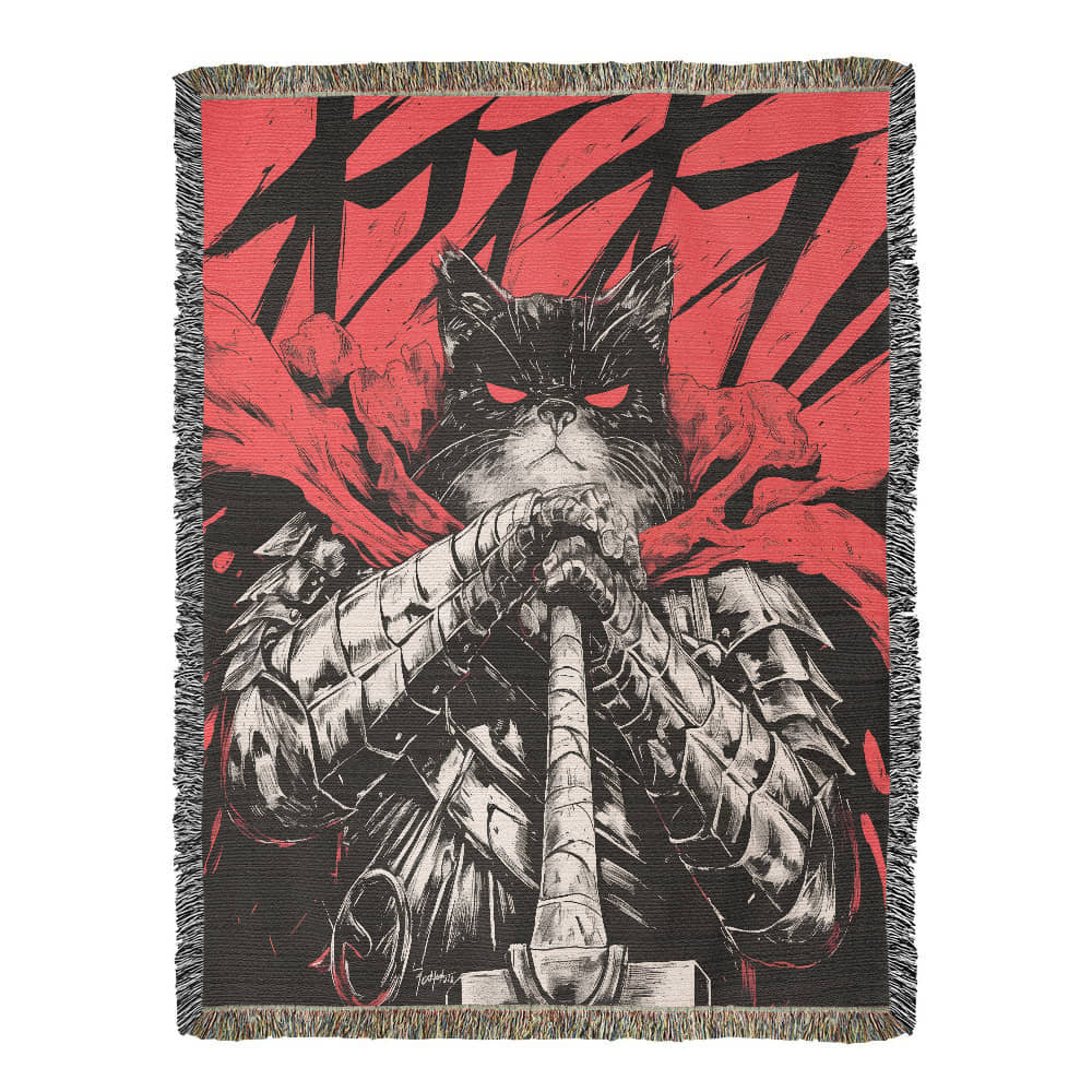 Catsu The Berserker kitty.  Woven blanket.
